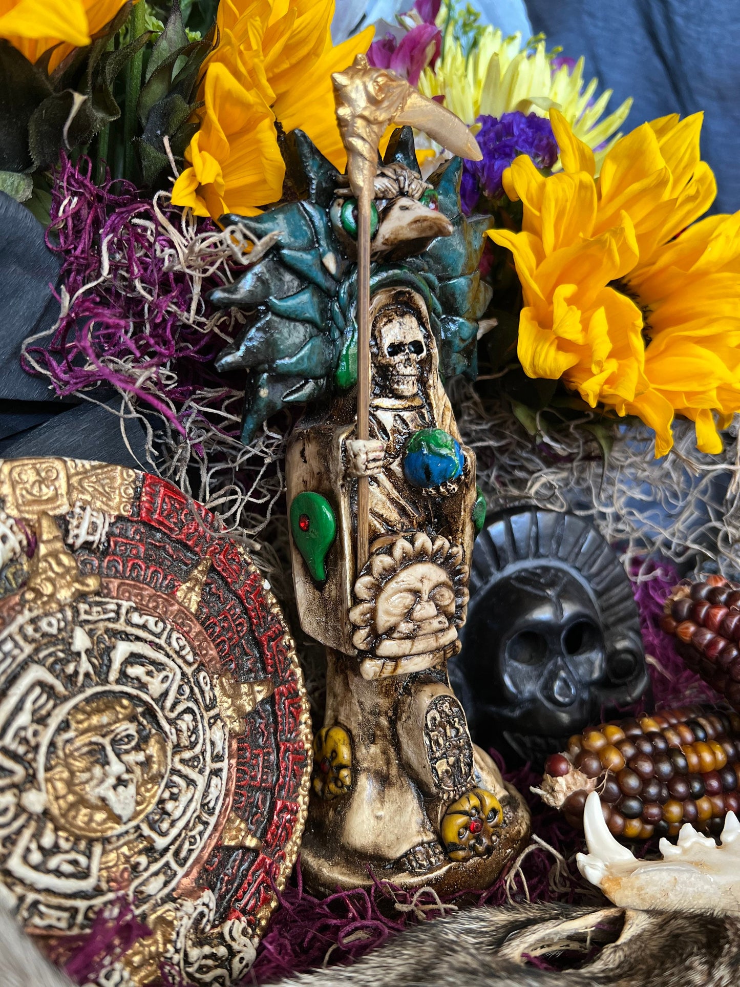 Santa Muerte Azteca Statue + 24K Gold + Baptized + Fixed + Made in Mexico