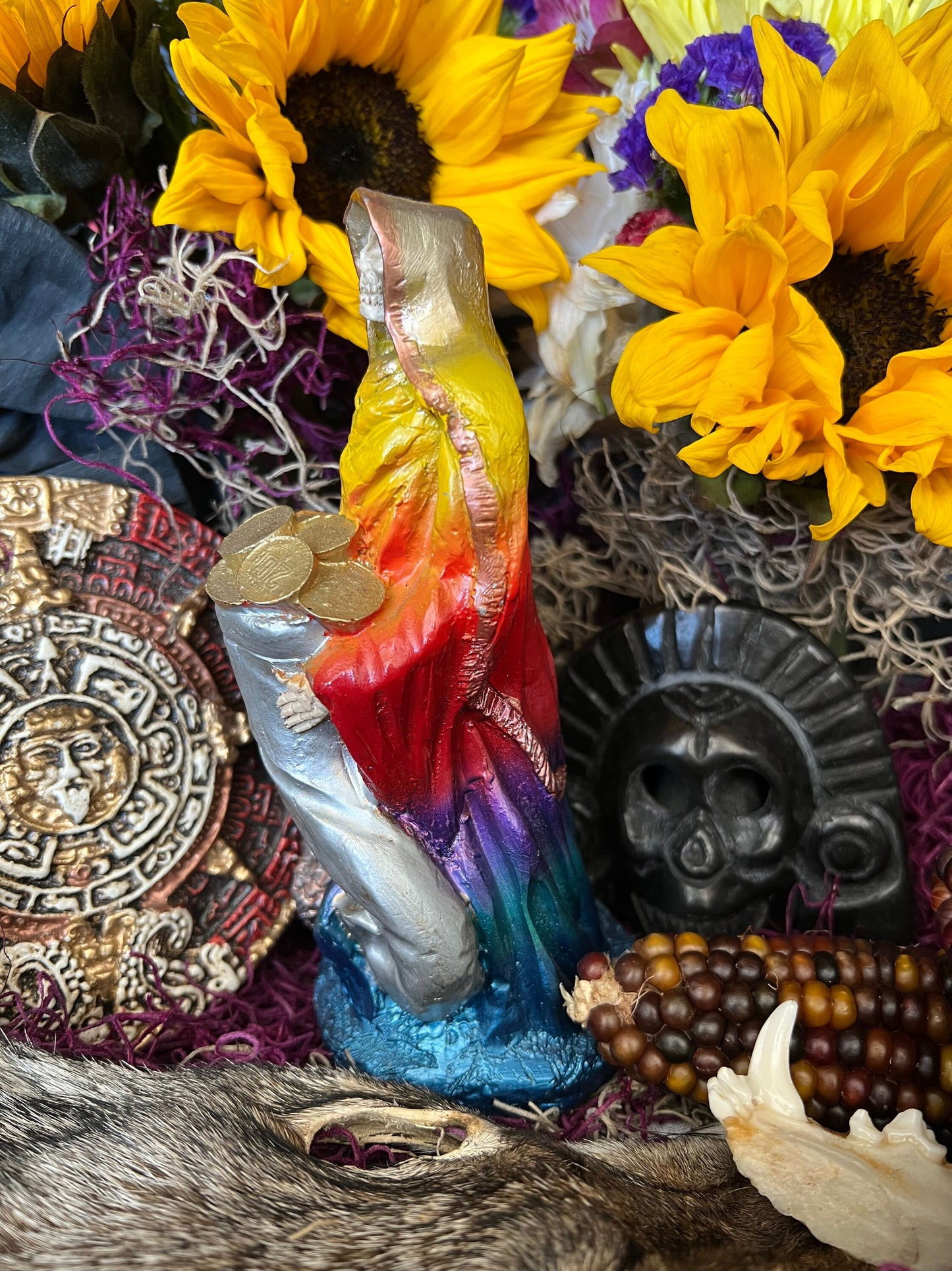 Santa Muerte Siete Colores Abundance Statue + Baptized + Fixed + Made in Mexico
