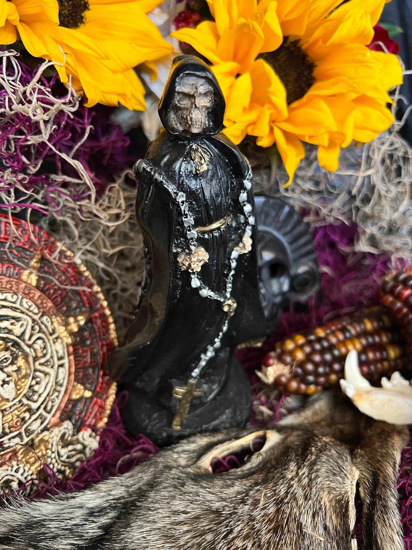 Santa Muerte Negra Rosary Statue + Baptized + Fixed + Made in Mexico + Rosario