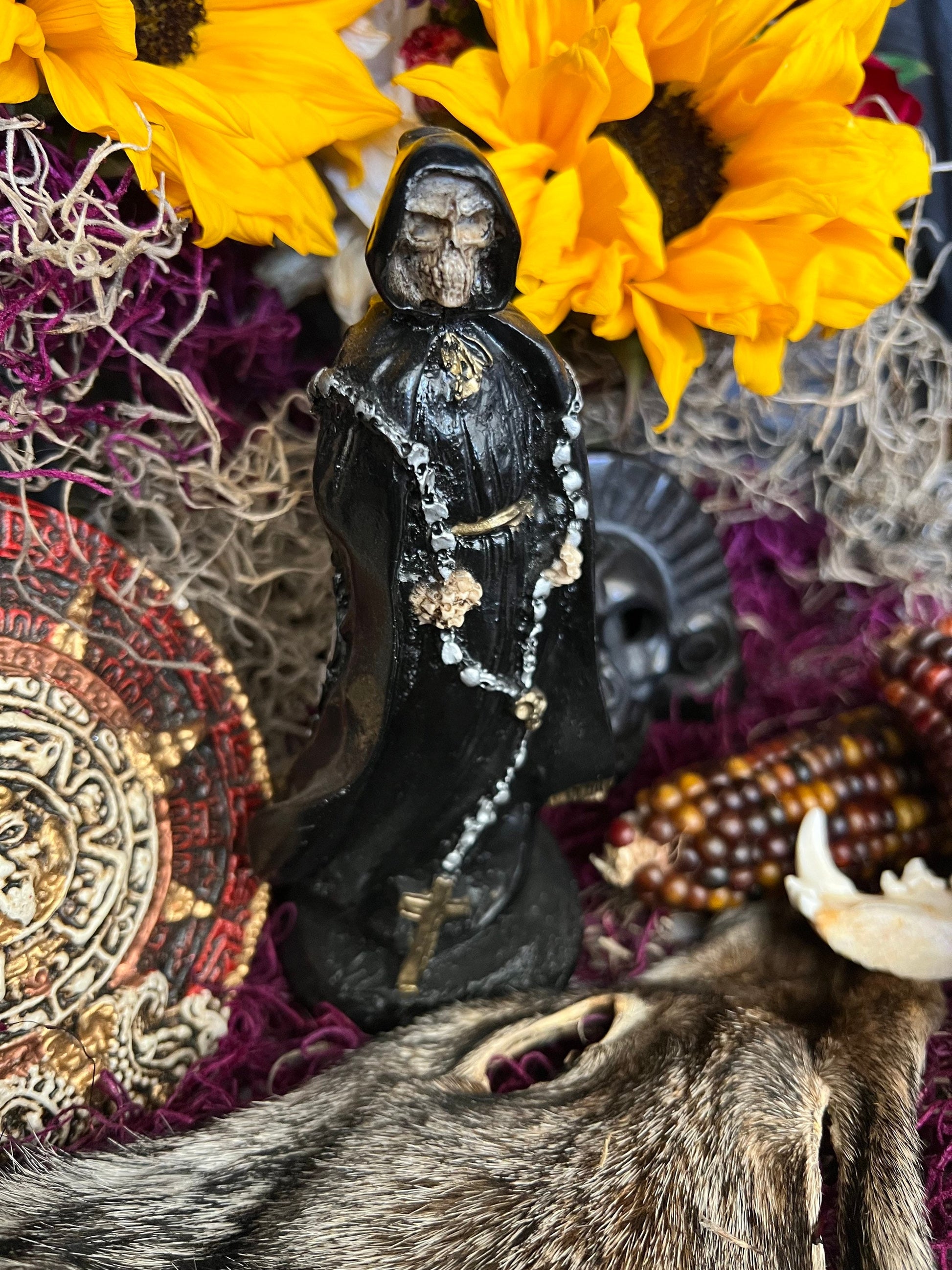 Santa Muerte Negra Rosary Statue + Baptized + Fixed + Made in Mexico + Rosario