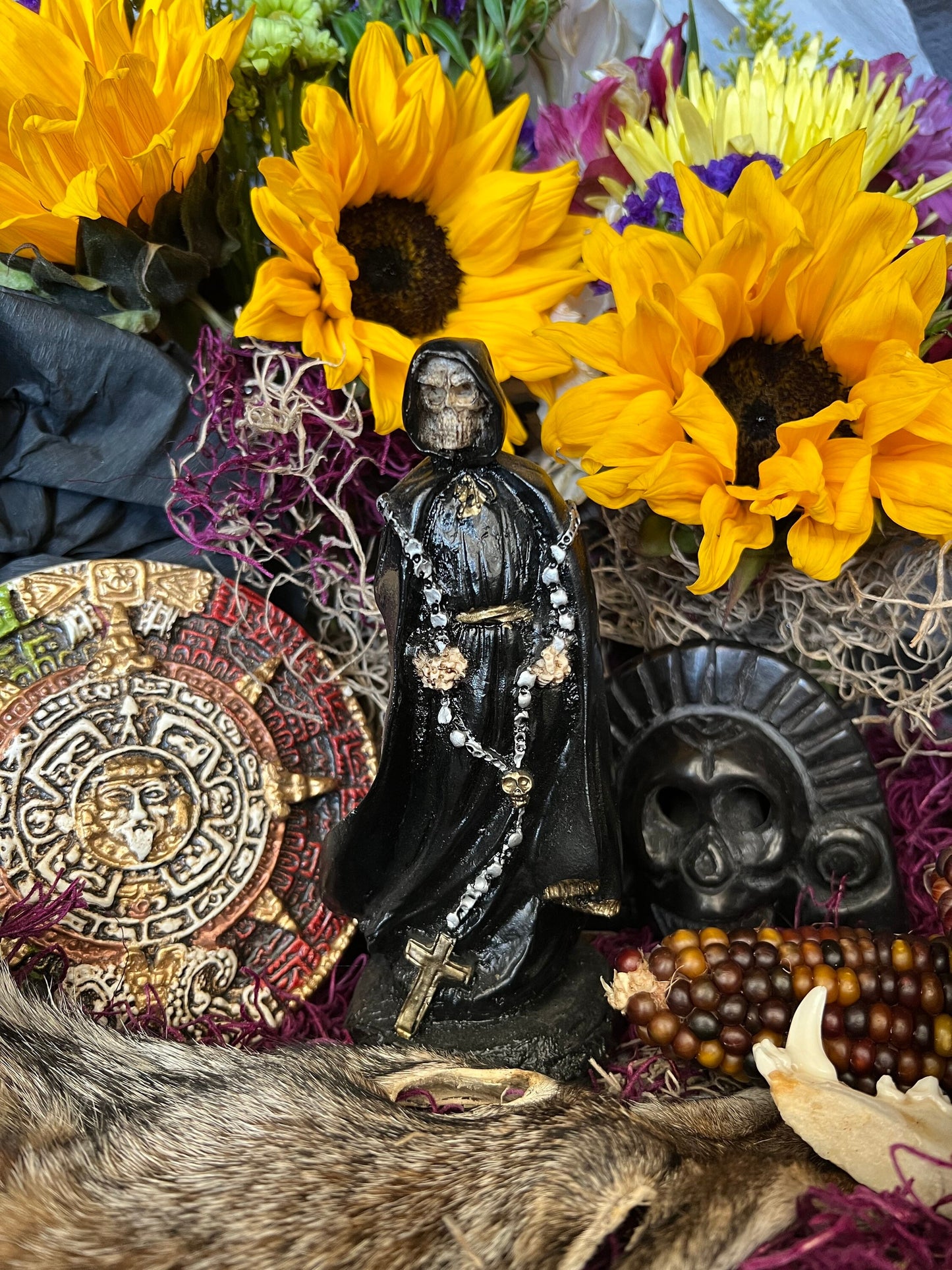Santa Muerte Negra Rosary Statue + Baptized + Fixed + Made in Mexico + Rosario