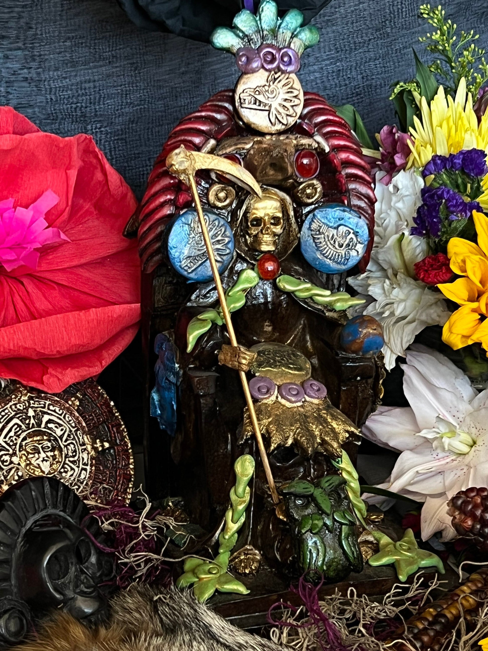 Santa Muerte Seated Azteca Statue + 24K Gold Leaf + Baptized + Fixed + Made in Mexico + Aztek + Trono + Veneration