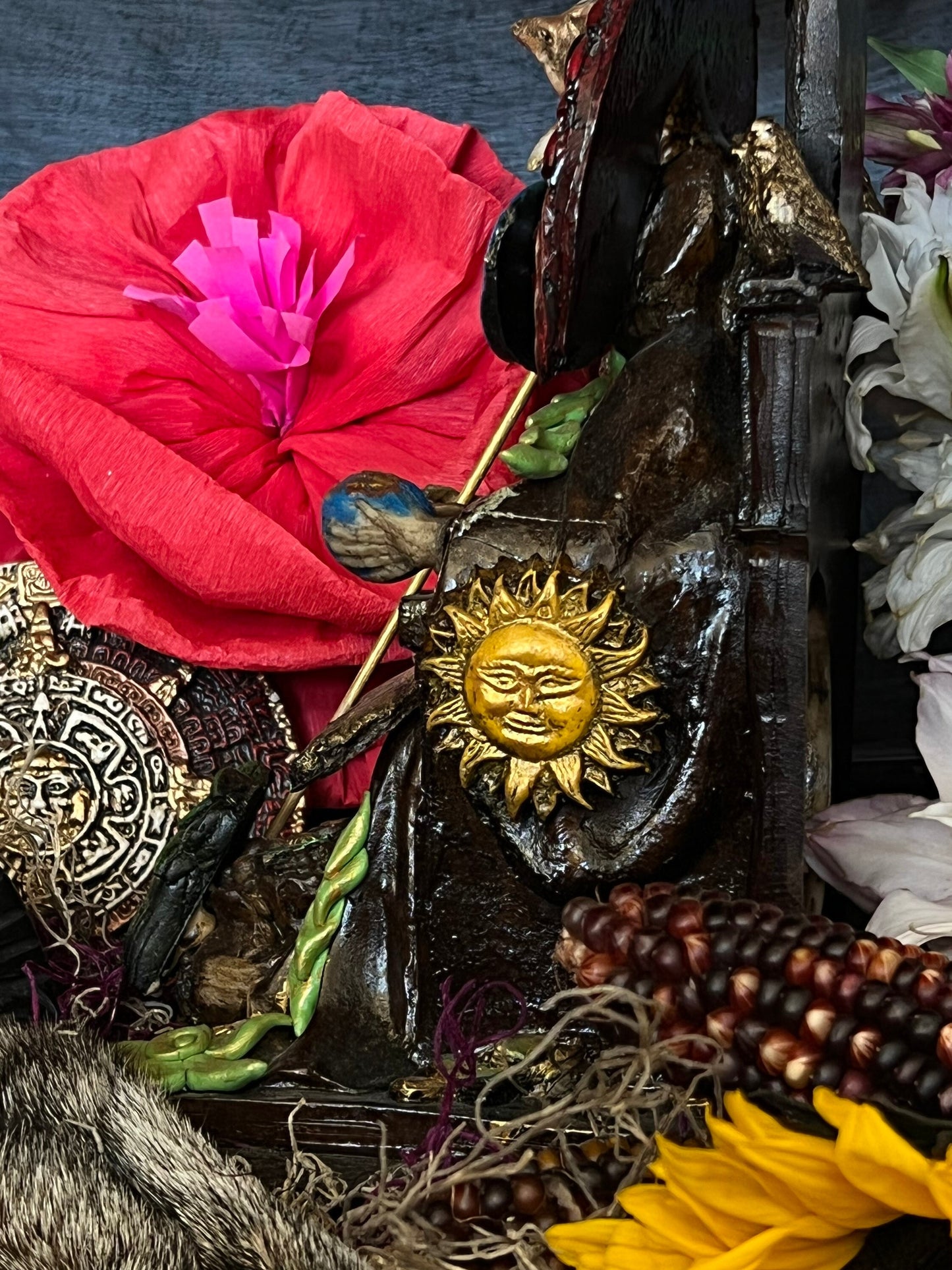 Santa Muerte Seated Azteca Statue + 24K Gold Leaf + Baptized + Fixed + Made in Mexico + Aztek + Trono + Veneration