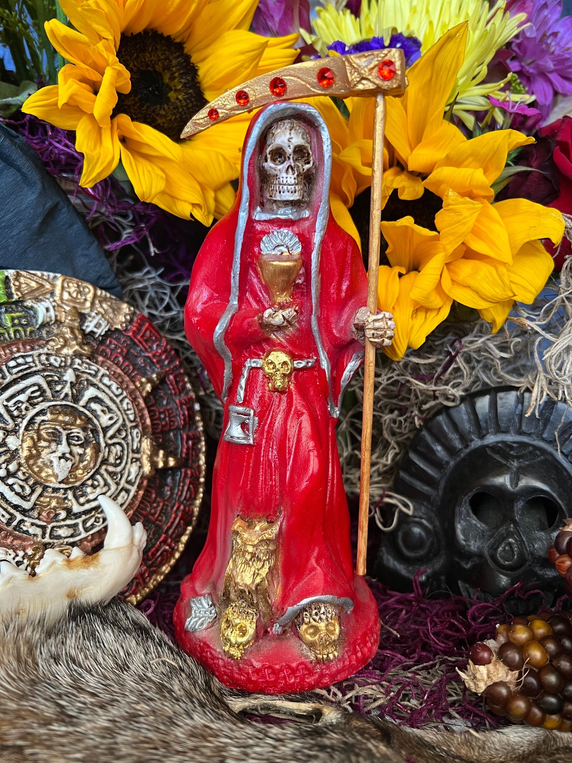 Santa Muerte Roja Statue + 24K Gold + Chalice + Baptized + Sterling Silver + Fixed + Made in Mexico