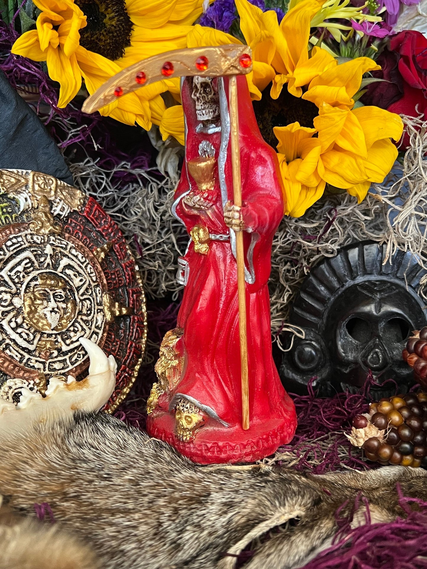 Santa Muerte Roja Statue + 24K Gold + Chalice + Baptized + Sterling Silver + Fixed + Made in Mexico