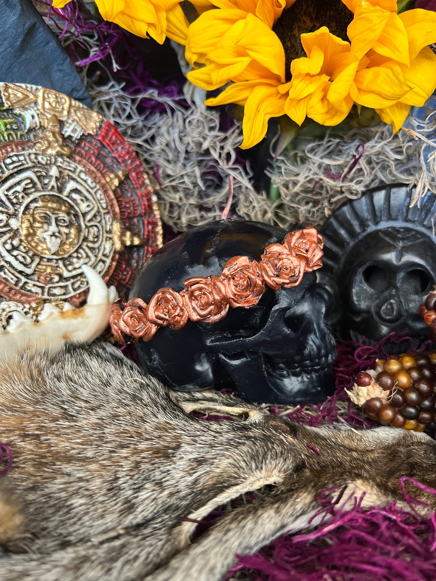 Skull Candle with Copper Roses + Hand Painted