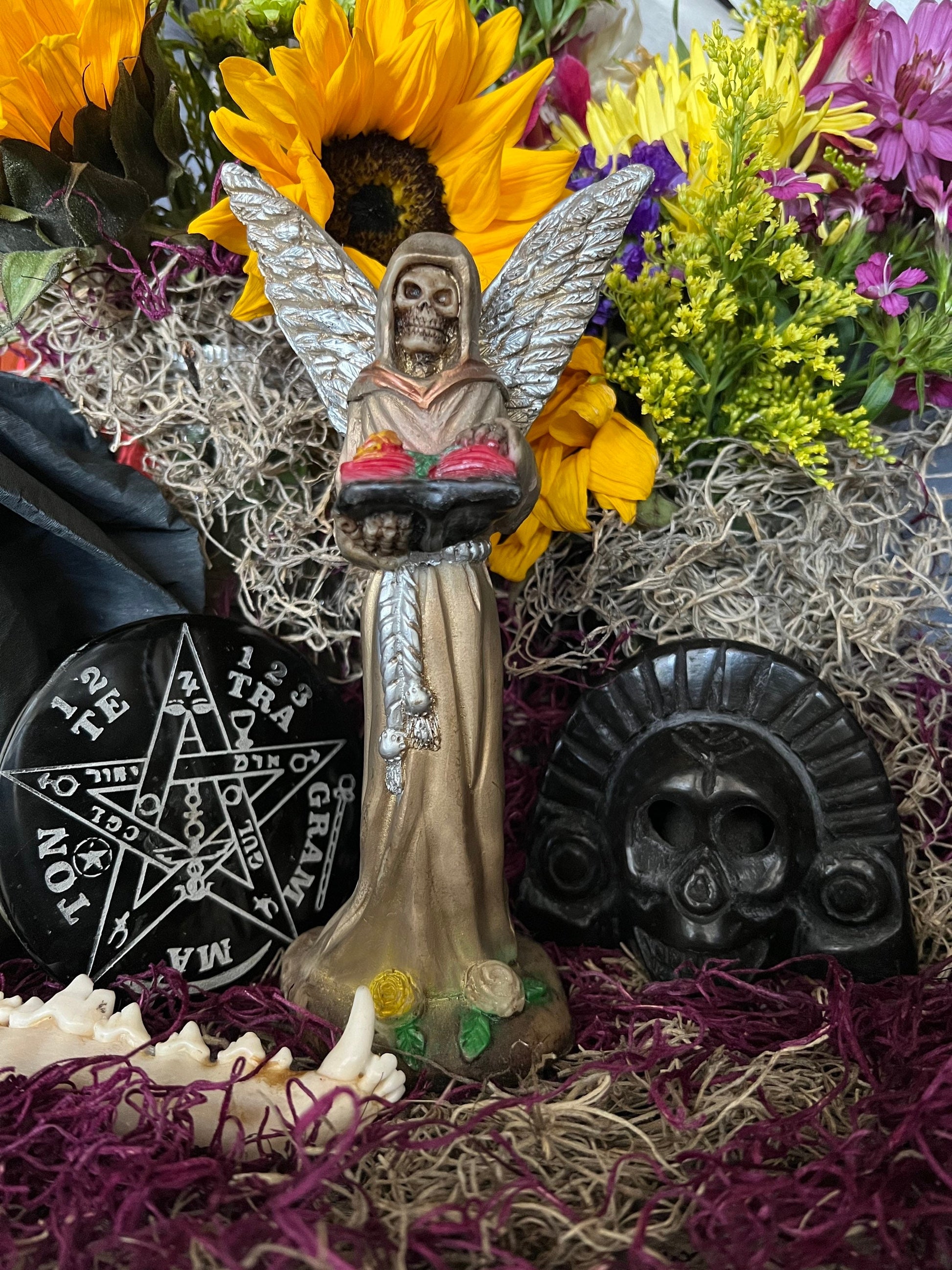 Santa Muerte Dorada + Gold + with Silver Wings Statue + Baptized + Fixed + Made in Mexico