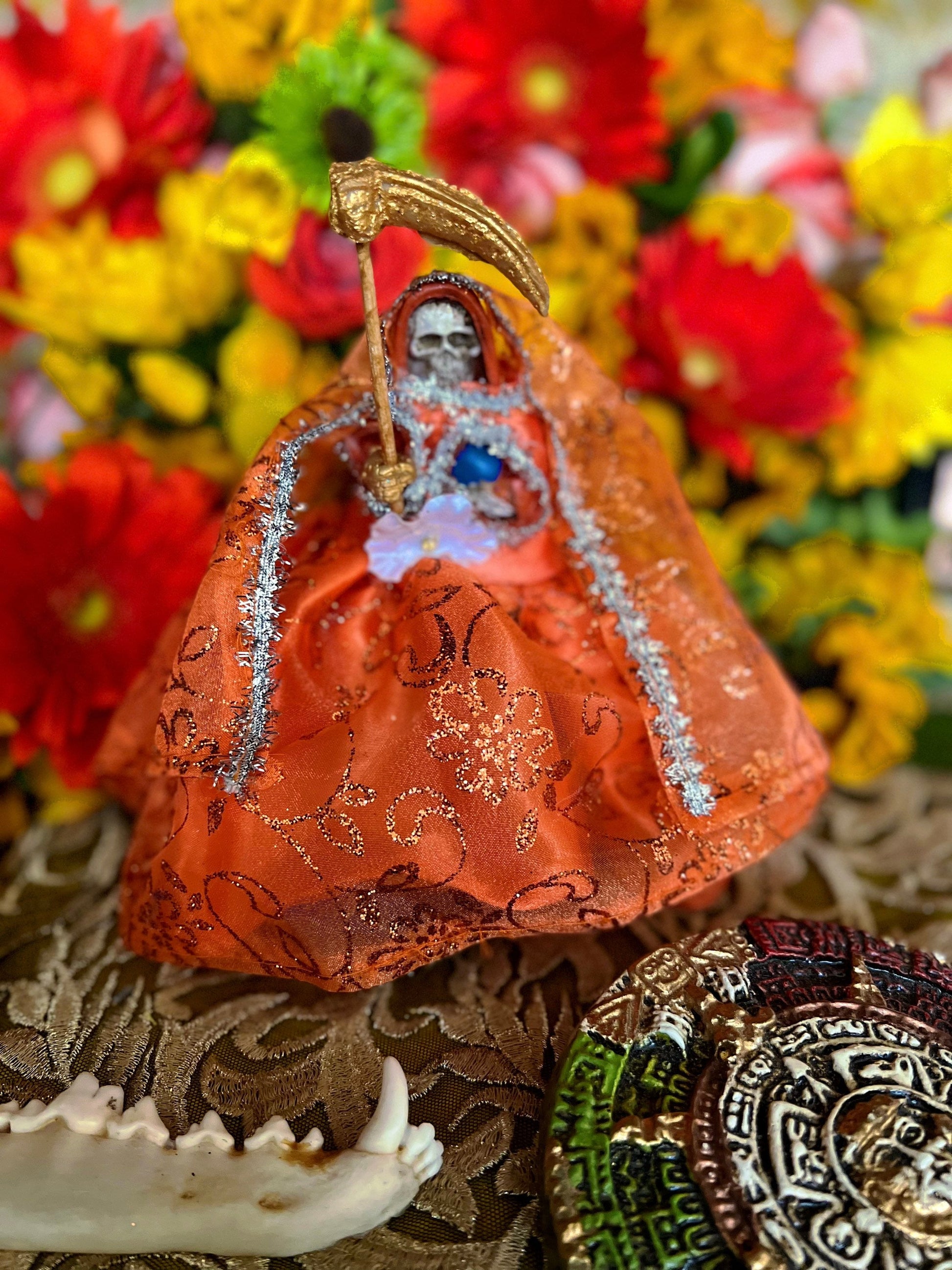 Santa Muerte Naranja Statue with Dress + Baptized + Fixed + Made in Mexico + Orange + Abre Camino + Transformation + Overcoming Addiction