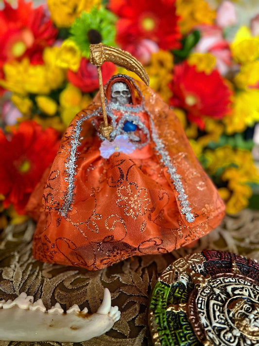Santa Muerte Naranja Statue with Dress + Baptized + Fixed + Made in Mexico + Orange + Abre Camino + Transformation + Overcoming Addiction