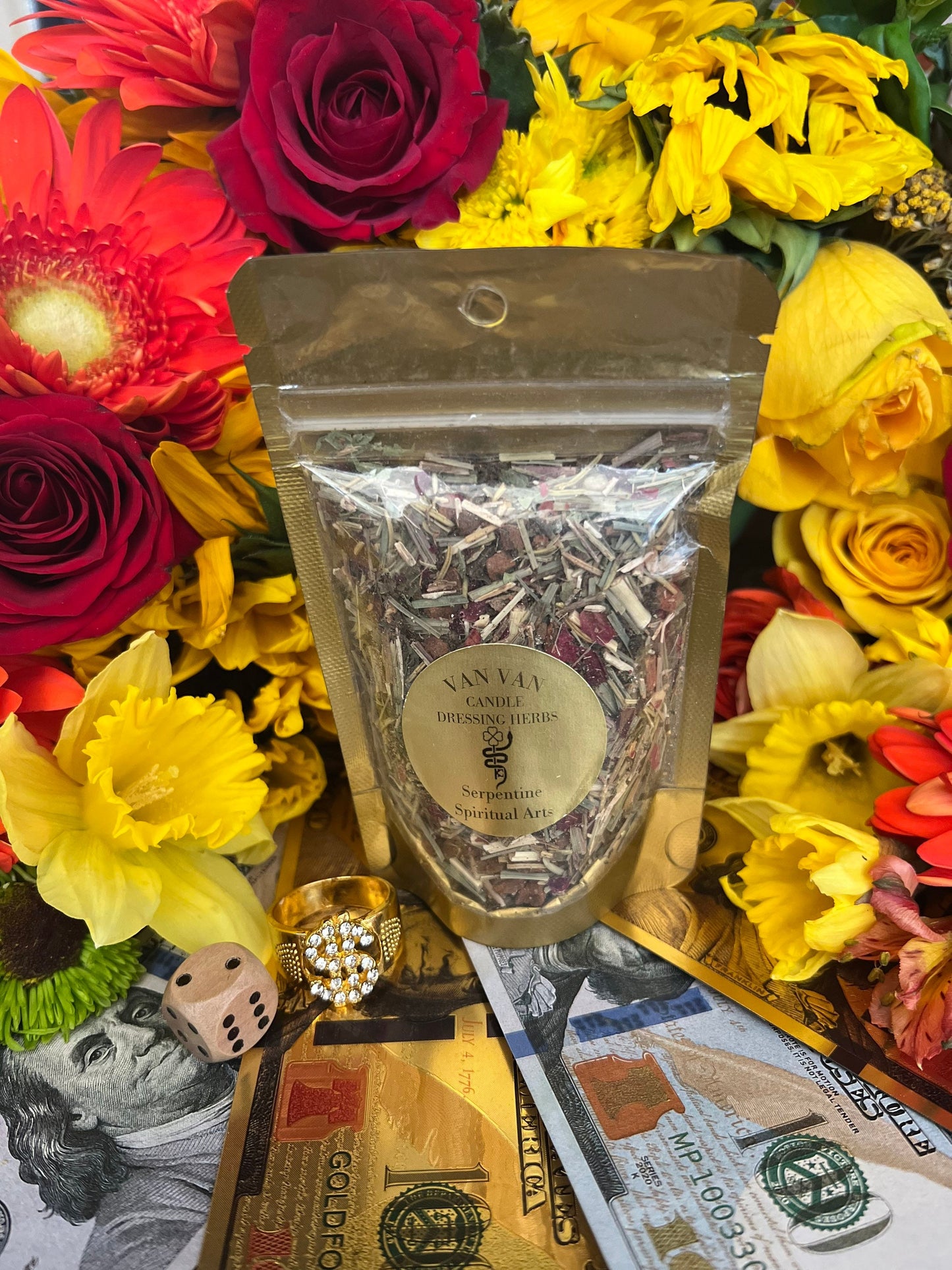 Van Van Candle Dressing Herbs + Luck + Money + Love + Mercury Retrigrade + Blessed