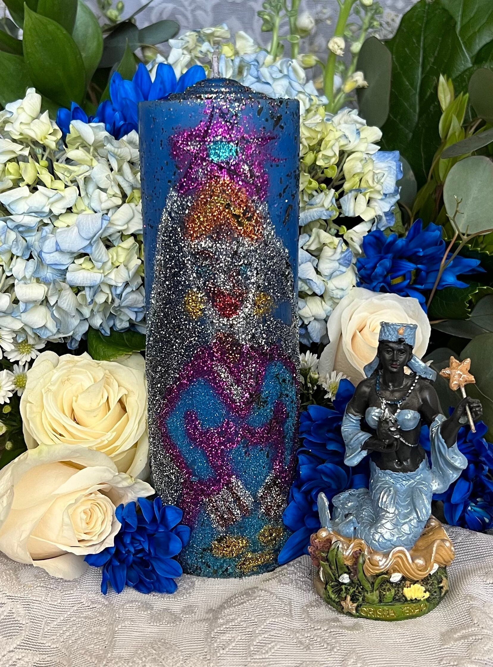 Yemaya Handa-Carved Candle + Family Protection + Orisha + Santeria + Ifa + Yoruba + Lukumi + Santerismo