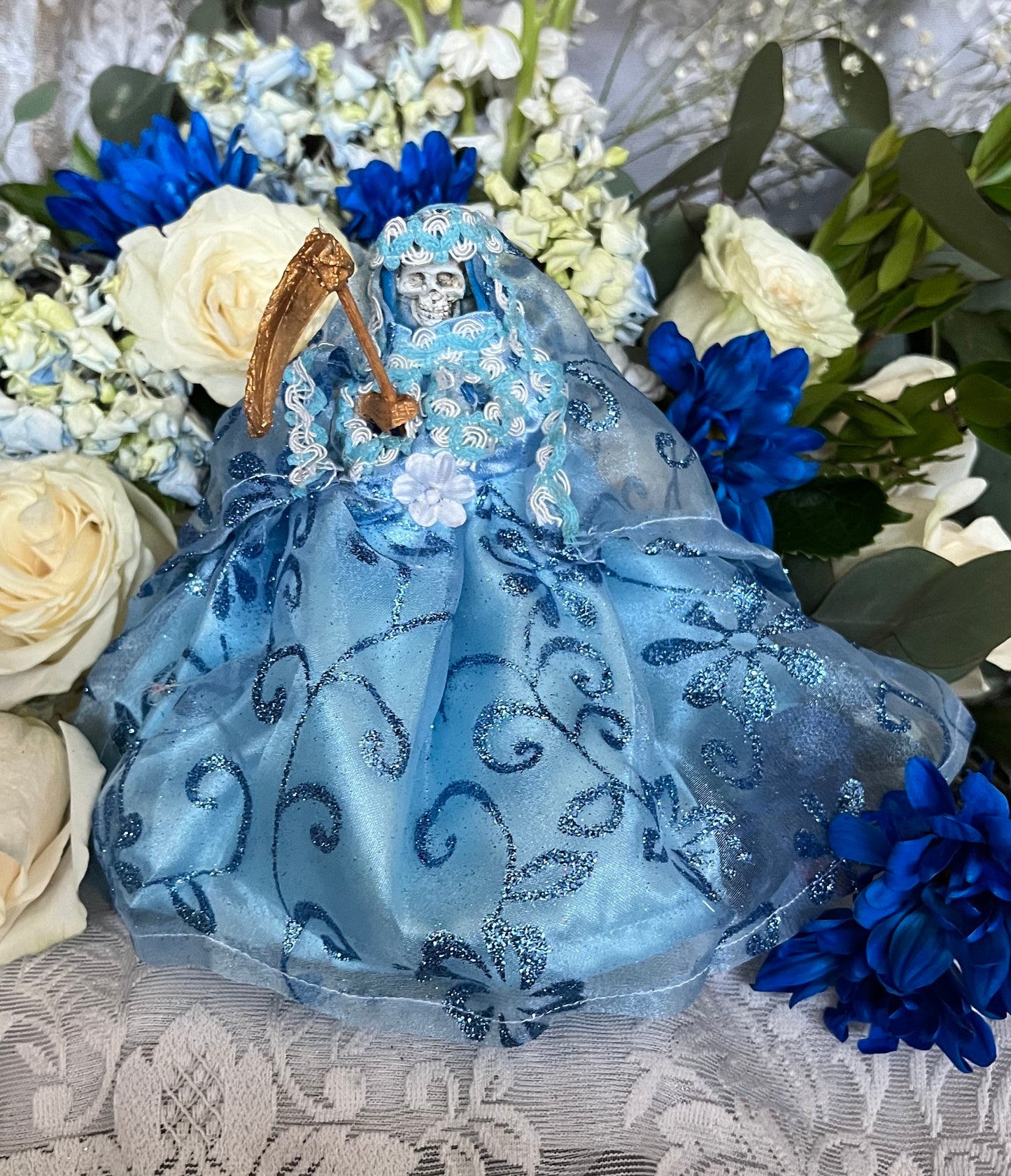 Santa Muerte Azul / Blue Statue with Dress + 24K Gold + Baptized + Fixed + Made in Mexico