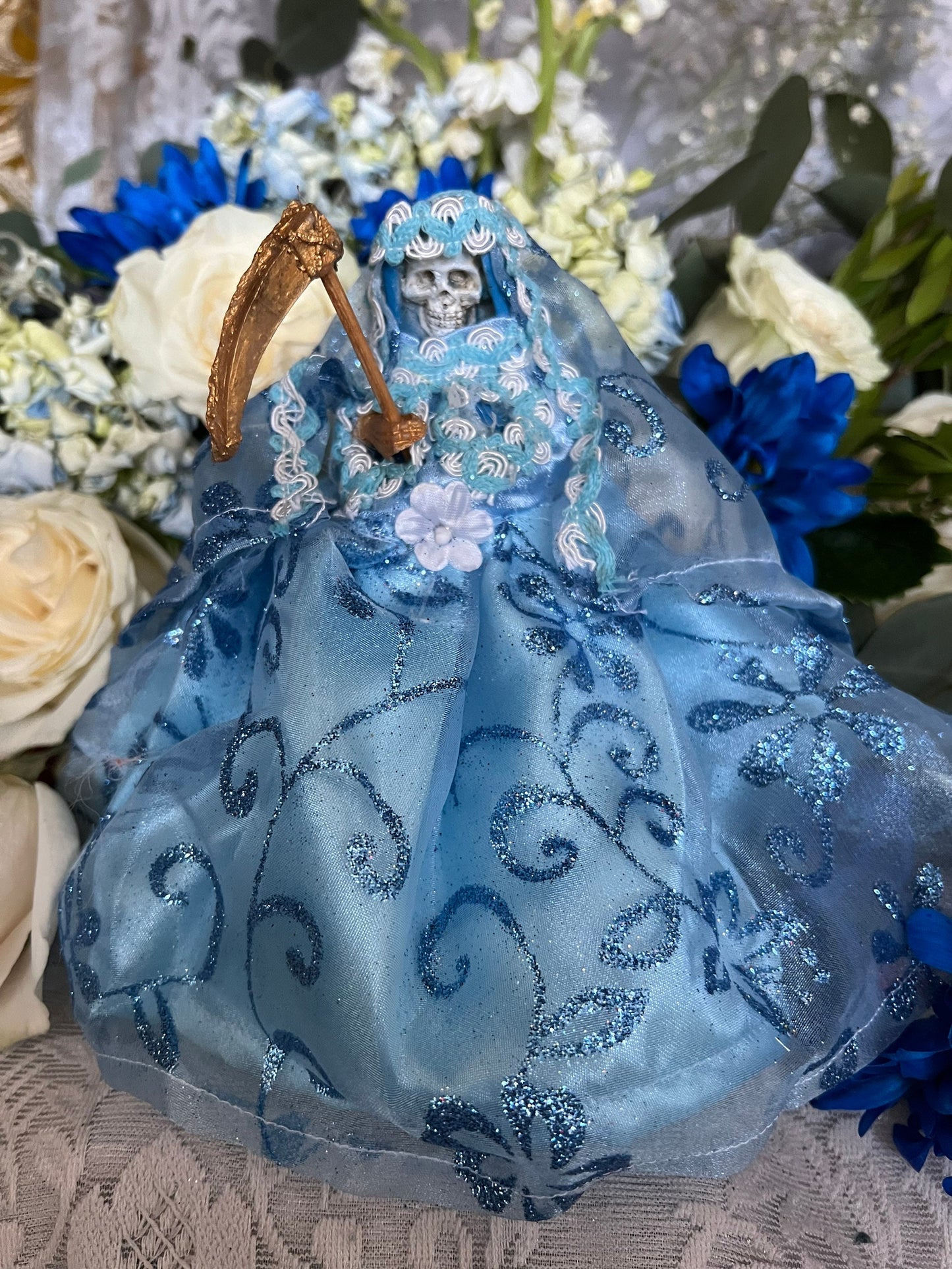 Santa Muerte Azul / Blue Statue with Dress + 24K Gold + Baptized + Fixed + Made in Mexico