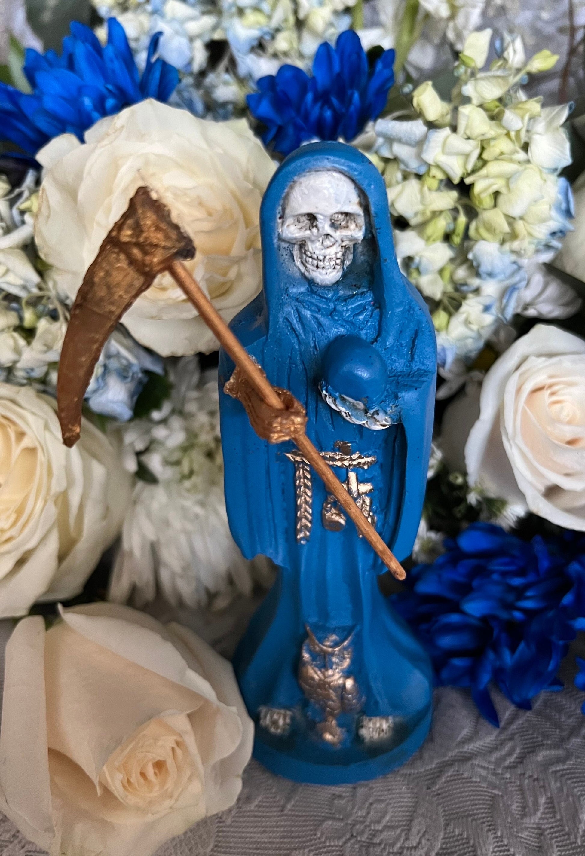 Santa Muerte Azul / Blue Statue with Dress + 24K Gold + Baptized + Fixed + Made in Mexico