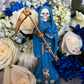 Santa Muerte Azul / Blue Statue with Dress + 24K Gold + Baptized + Fixed + Made in Mexico