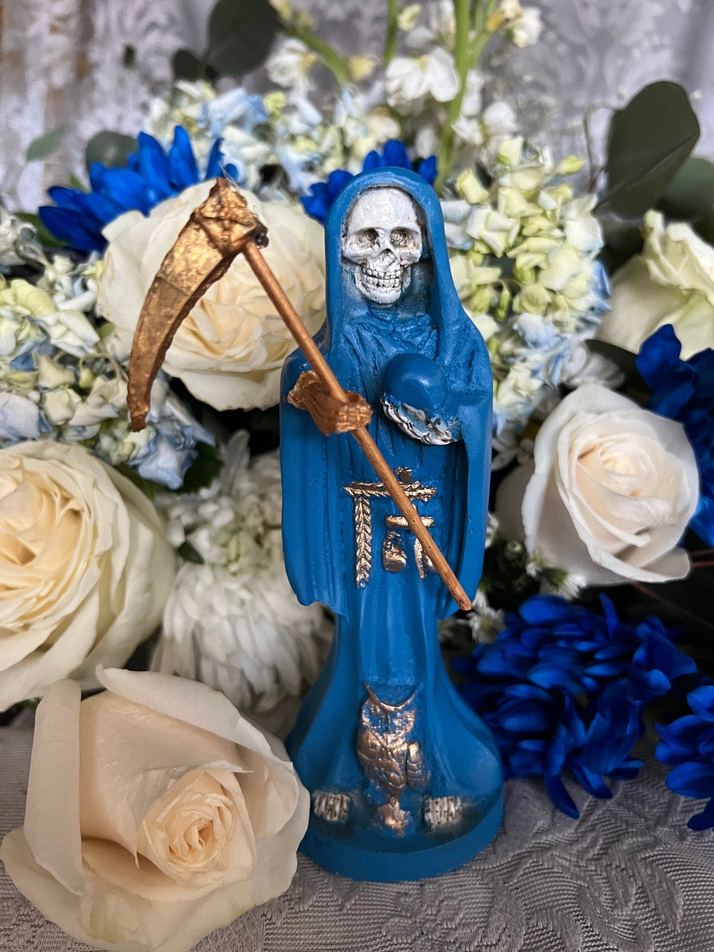 Santa Muerte Azul / Blue Statue with Dress + 24K Gold + Baptized + Fixed + Made in Mexico