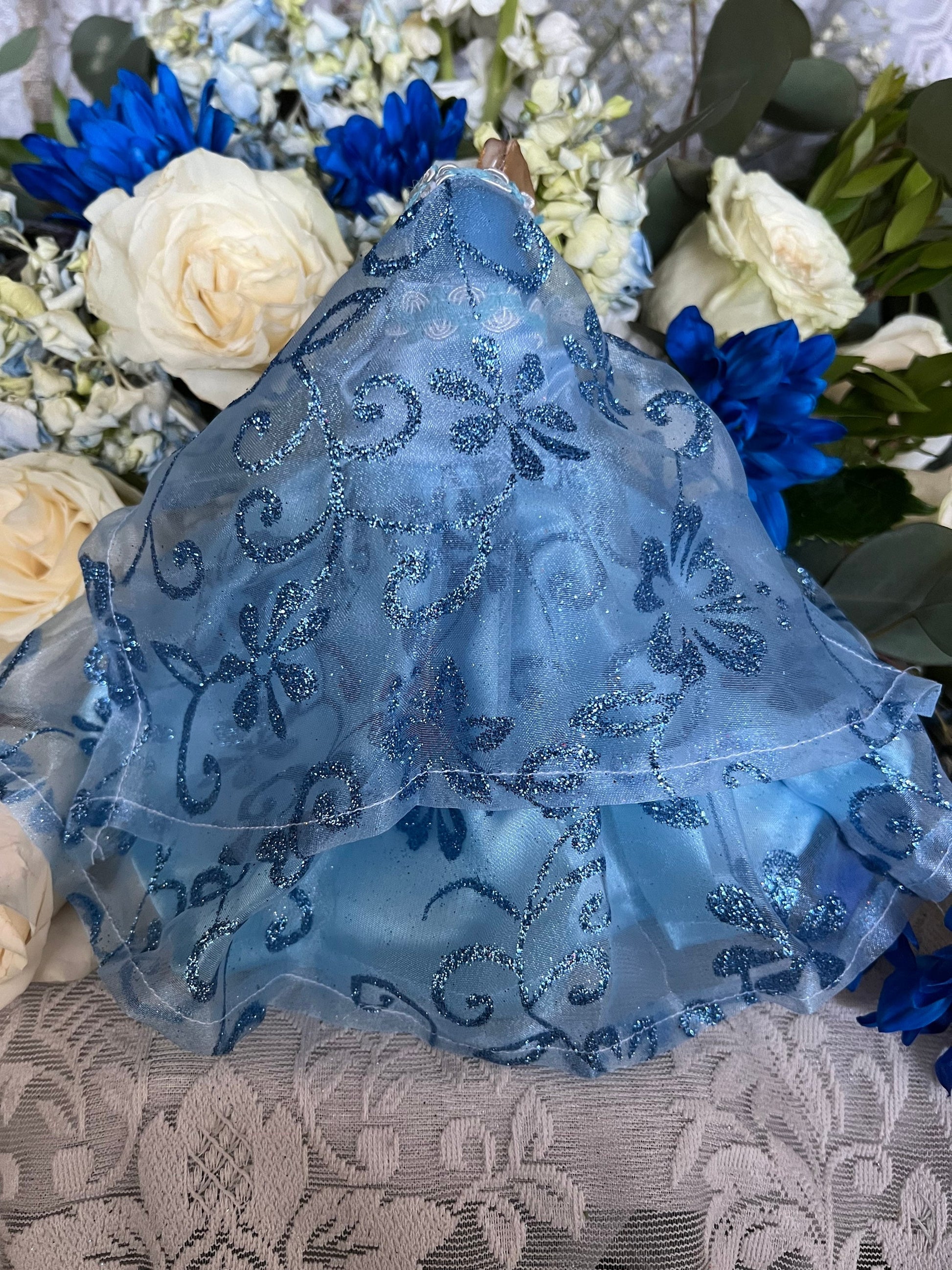 Santa Muerte Azul / Blue Statue with Dress + 24K Gold + Baptized + Fixed + Made in Mexico