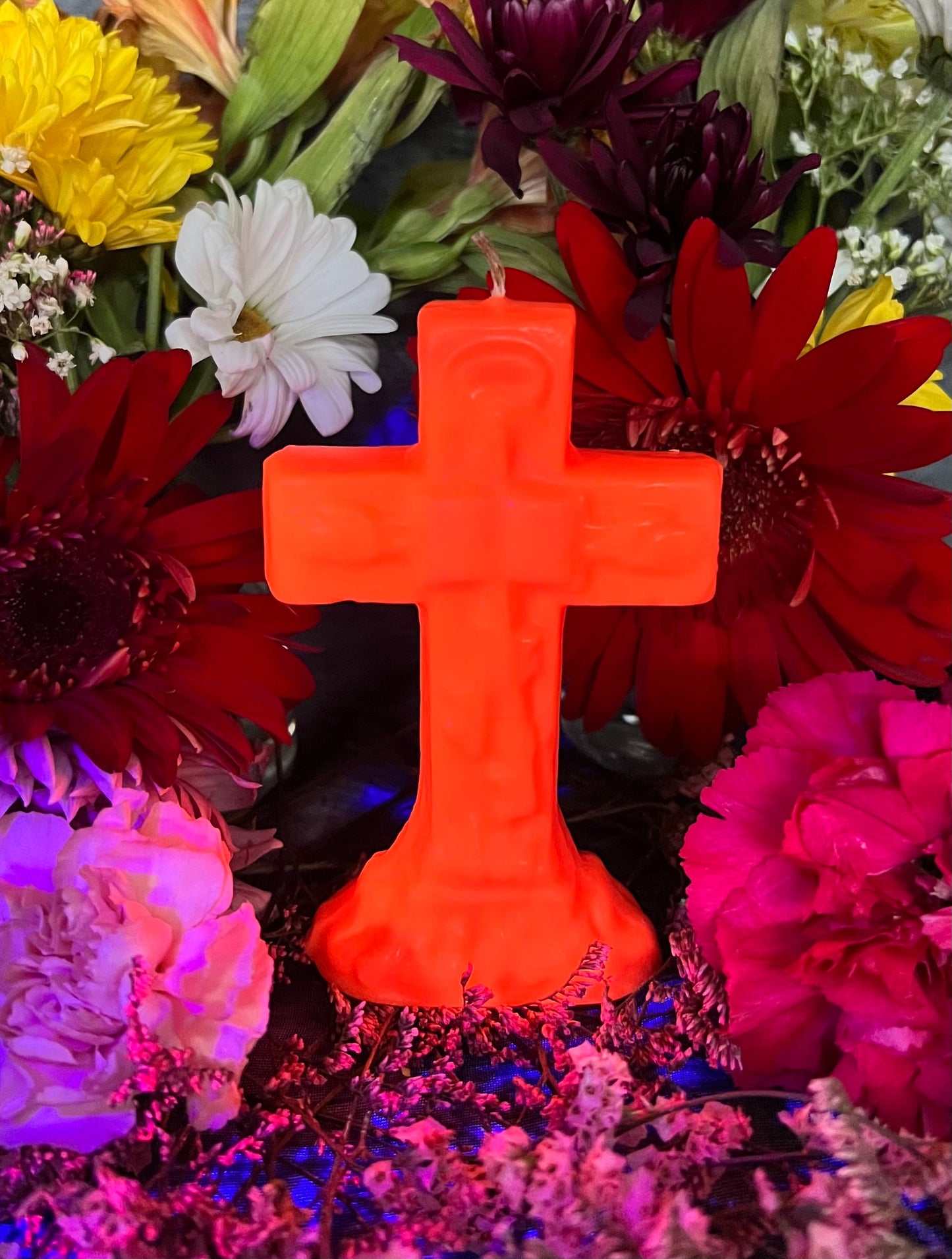 Neon Crucifix Candle + Cross + Hoodoo + Conjure + Glows Under Blacklight + Divine Assistance