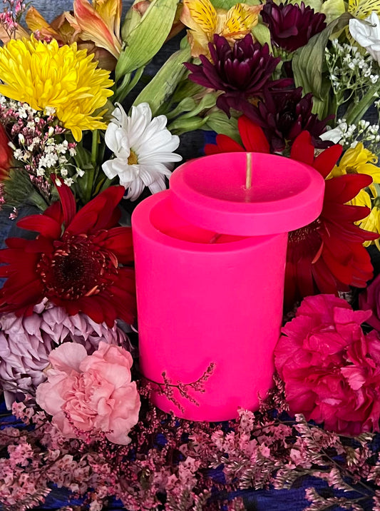 Neon Loadable Pillar Candle + 4” x 3”+ Glows under Blacklight