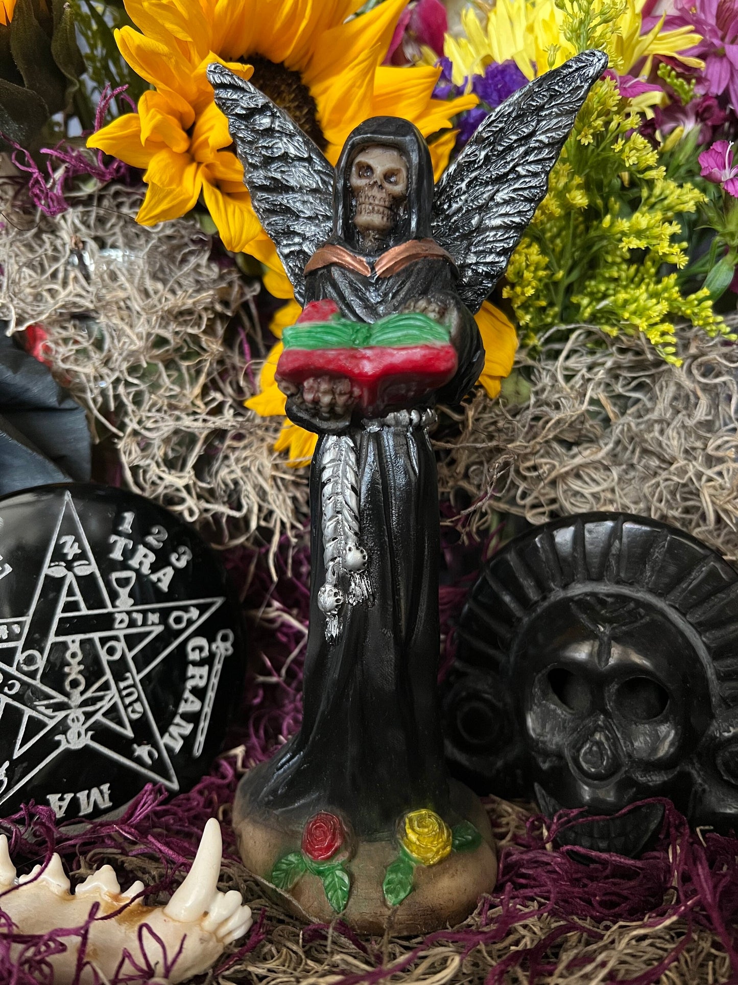 Santa Muerte Negra with Silver Wings Statue + Baptized + Fixed + Made in Mexico