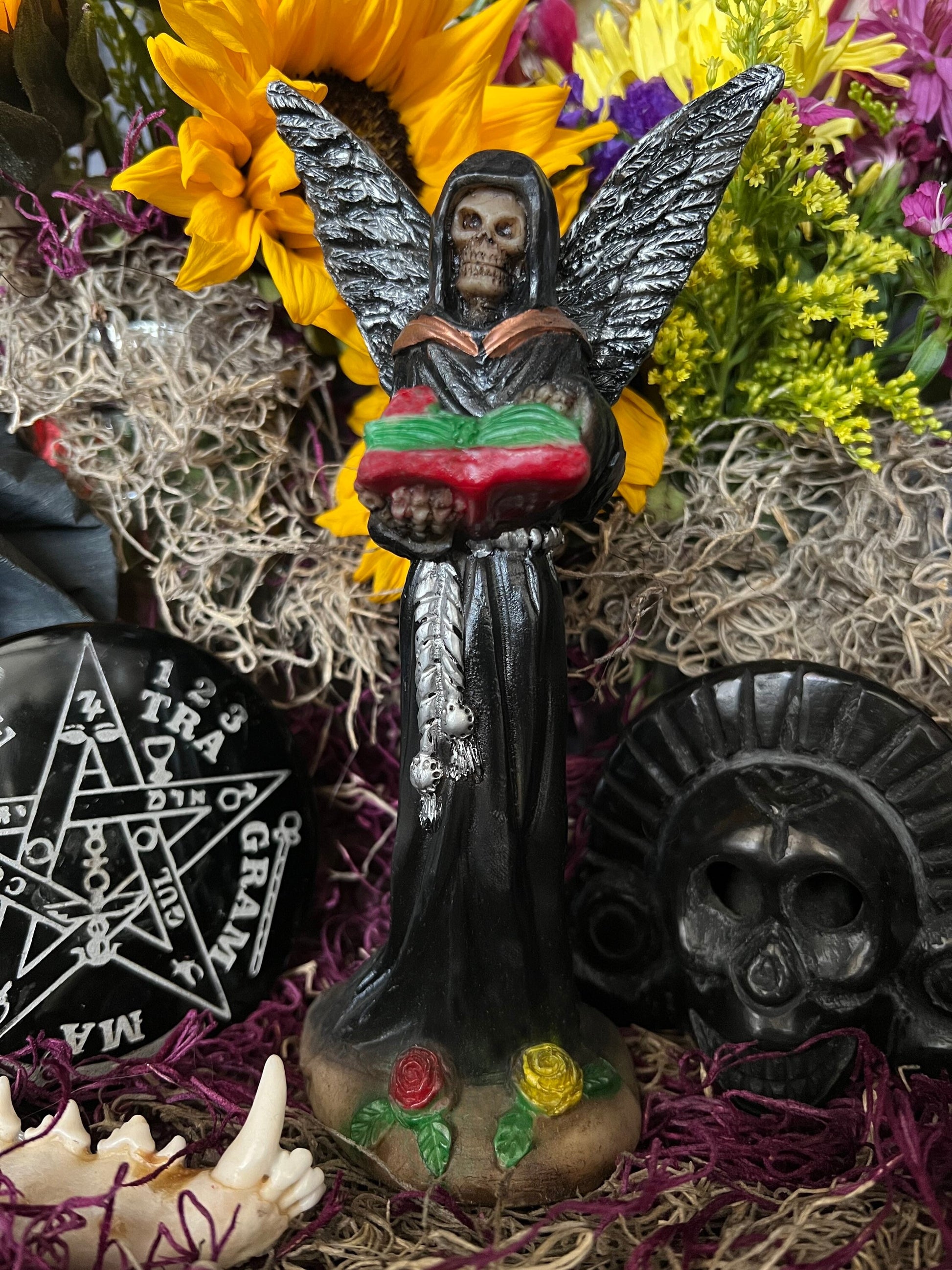 Santa Muerte Negra with Silver Wings Statue + Baptized + Fixed + Made in Mexico
