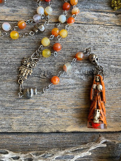 Santa Muerte Naranja Rosary + Orange Agate + Blessed + Sterling Silver Plated Chain + Rosario + Gemstone