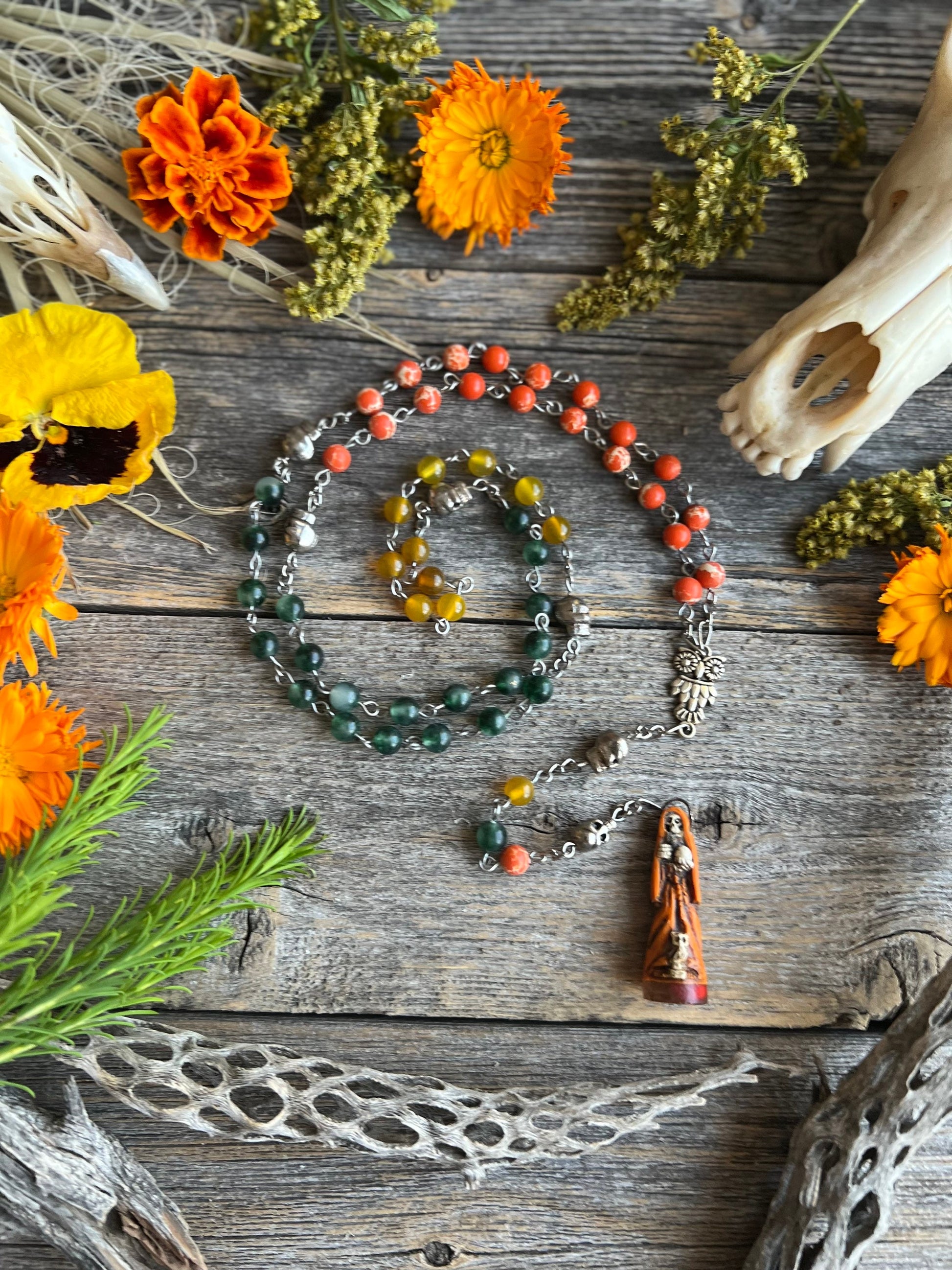 Santa Muerte Abre Camino Rosary + Orange Agate + Blessed + Sterling Silver Plated Chain + Rosario + Gemstone