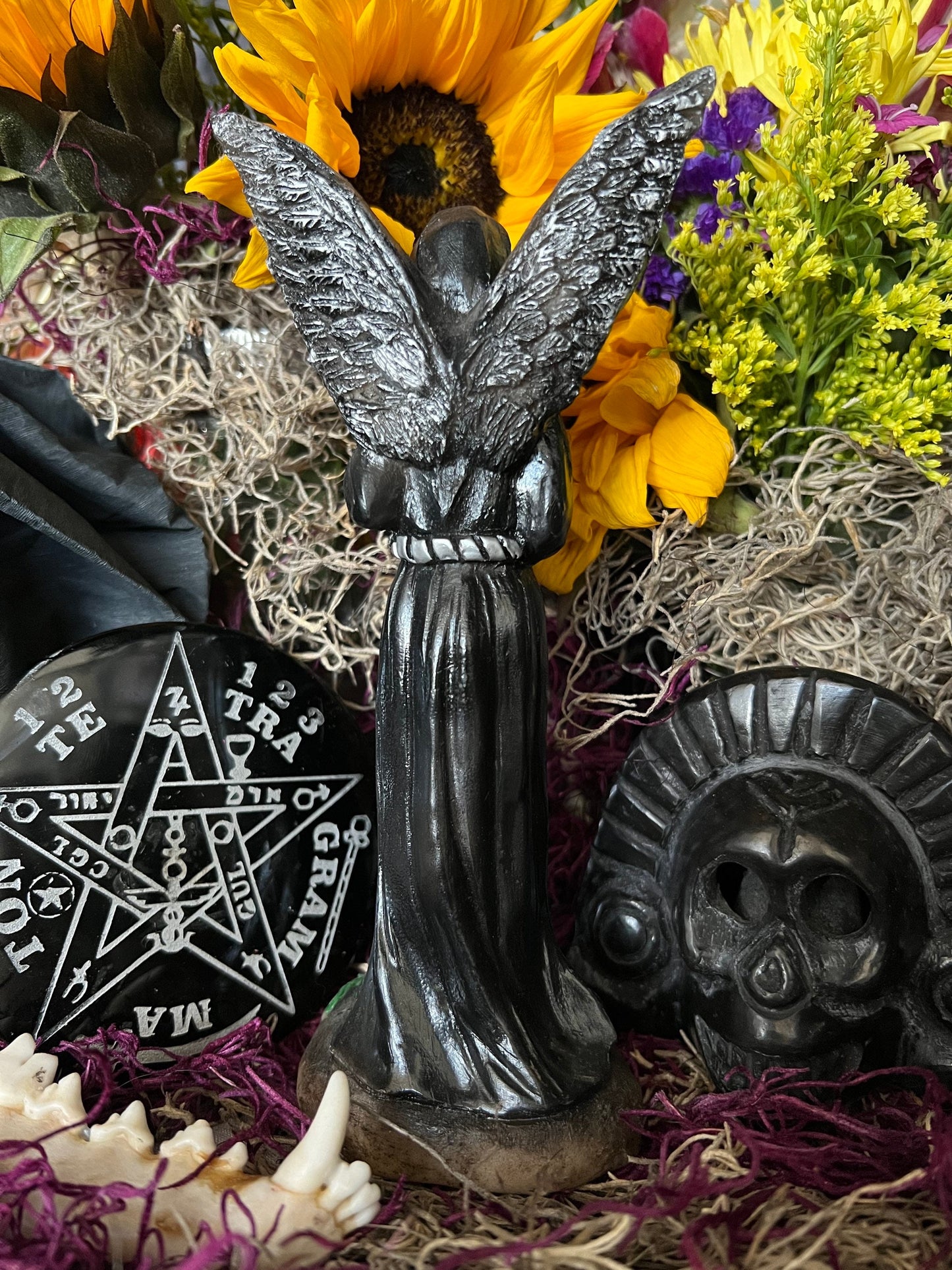 Santa Muerte Negra with Silver Wings Statue + Baptized + Fixed + Made in Mexico