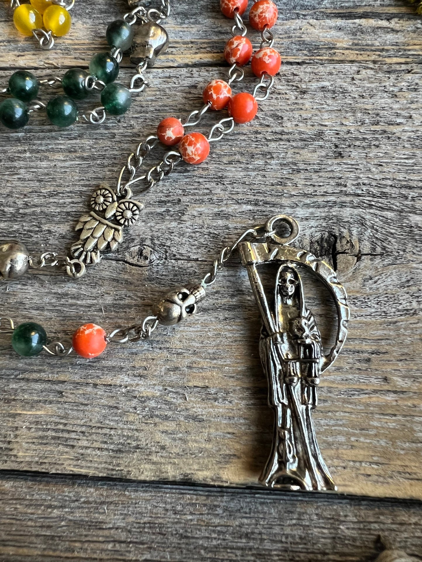 Santa Muerte Abre Camino Rosary + Road Opener + Orange Agate + Blessed + Sterling Silver Plated Chain + Rosario + Gemstone