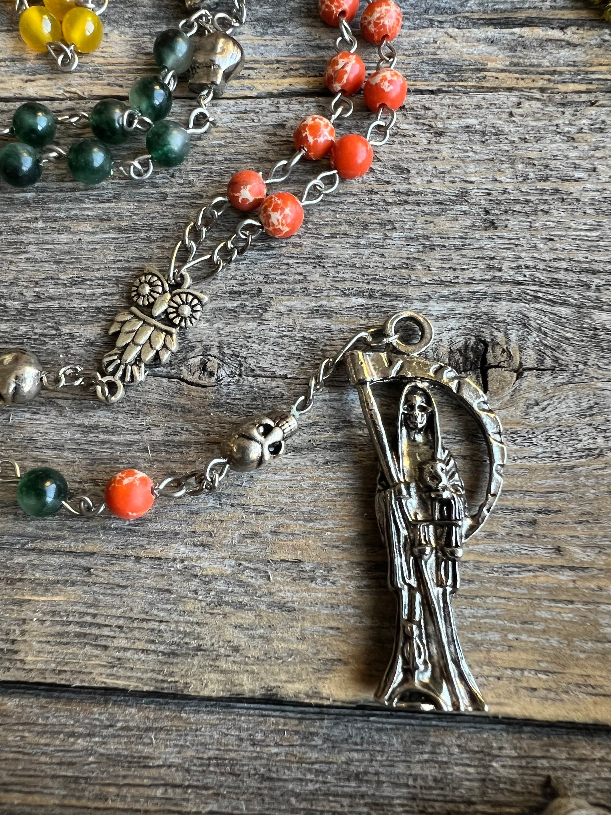 Santa Muerte Abre Camino Rosary + Road Opener + Orange Agate + Blessed + Sterling Silver Plated Chain + Rosario + Gemstone