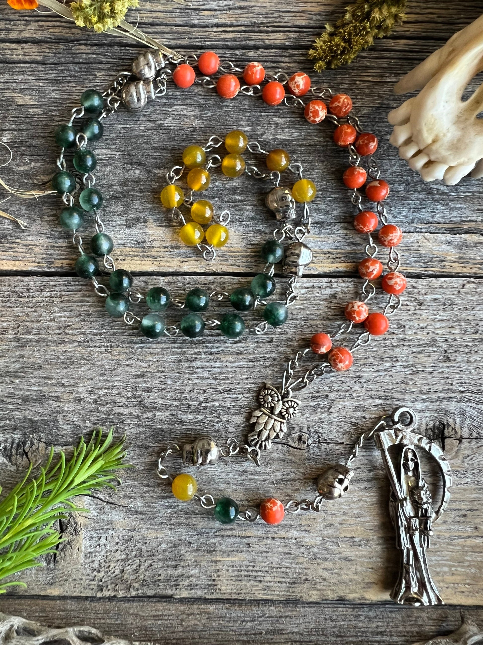 Santa Muerte Abre Camino Rosary + Road Opener + Orange Agate + Blessed + Sterling Silver Plated Chain + Rosario + Gemstone