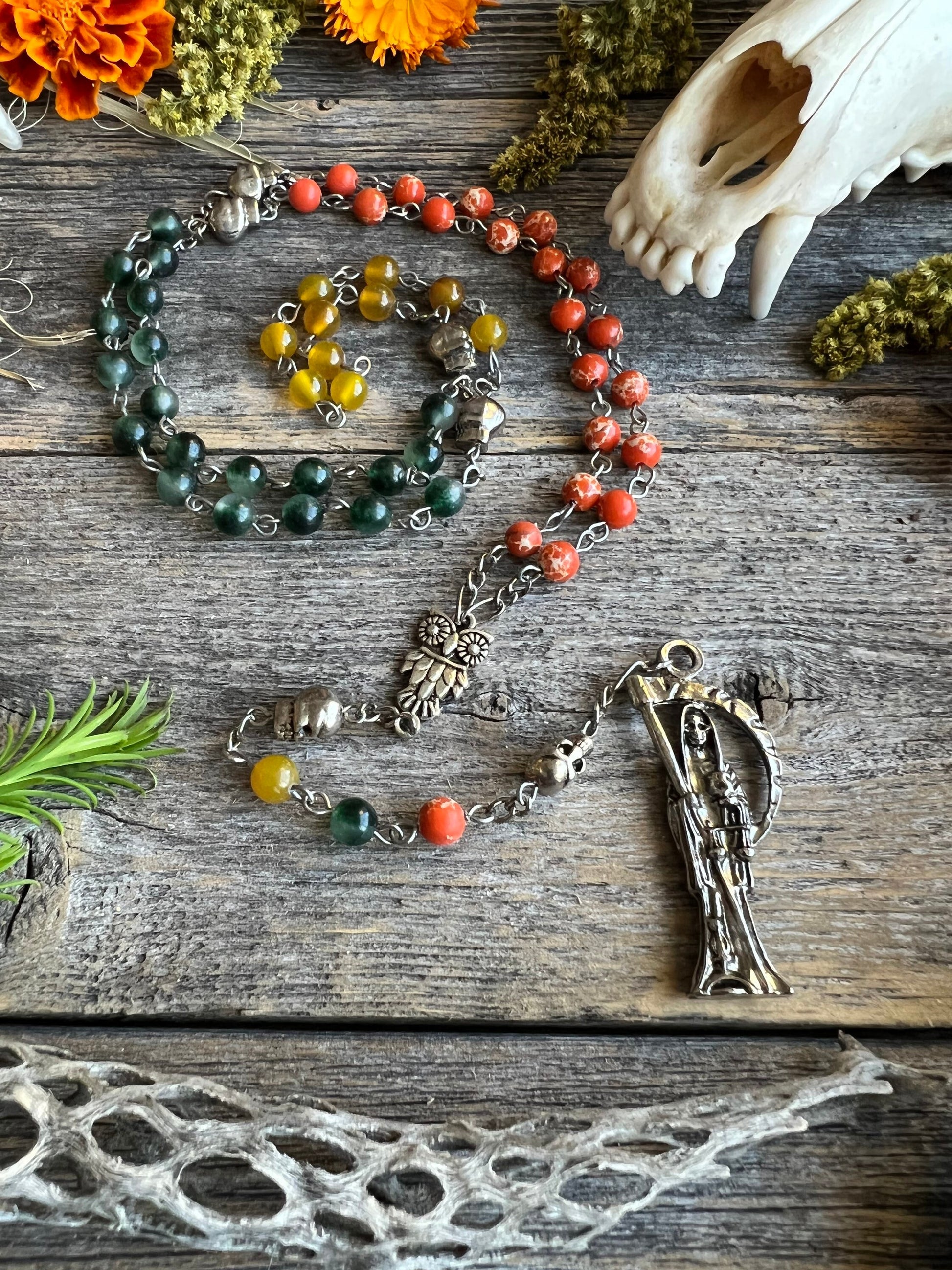 Santa Muerte Abre Camino Rosary + Road Opener + Orange Agate + Blessed + Sterling Silver Plated Chain + Rosario + Gemstone