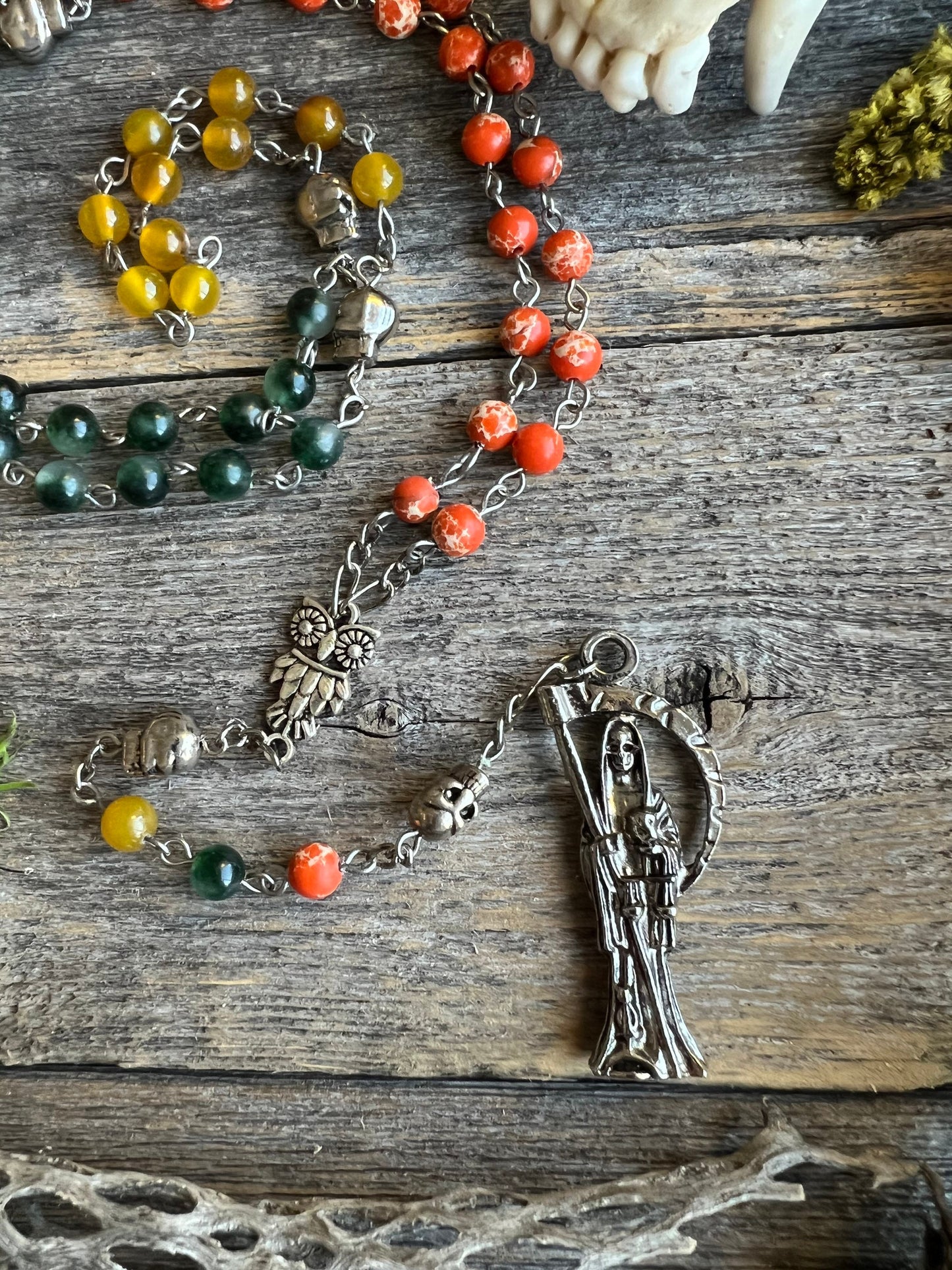 Santa Muerte Abre Camino Rosary + Road Opener + Orange Agate + Blessed + Sterling Silver Plated Chain + Rosario + Gemstone