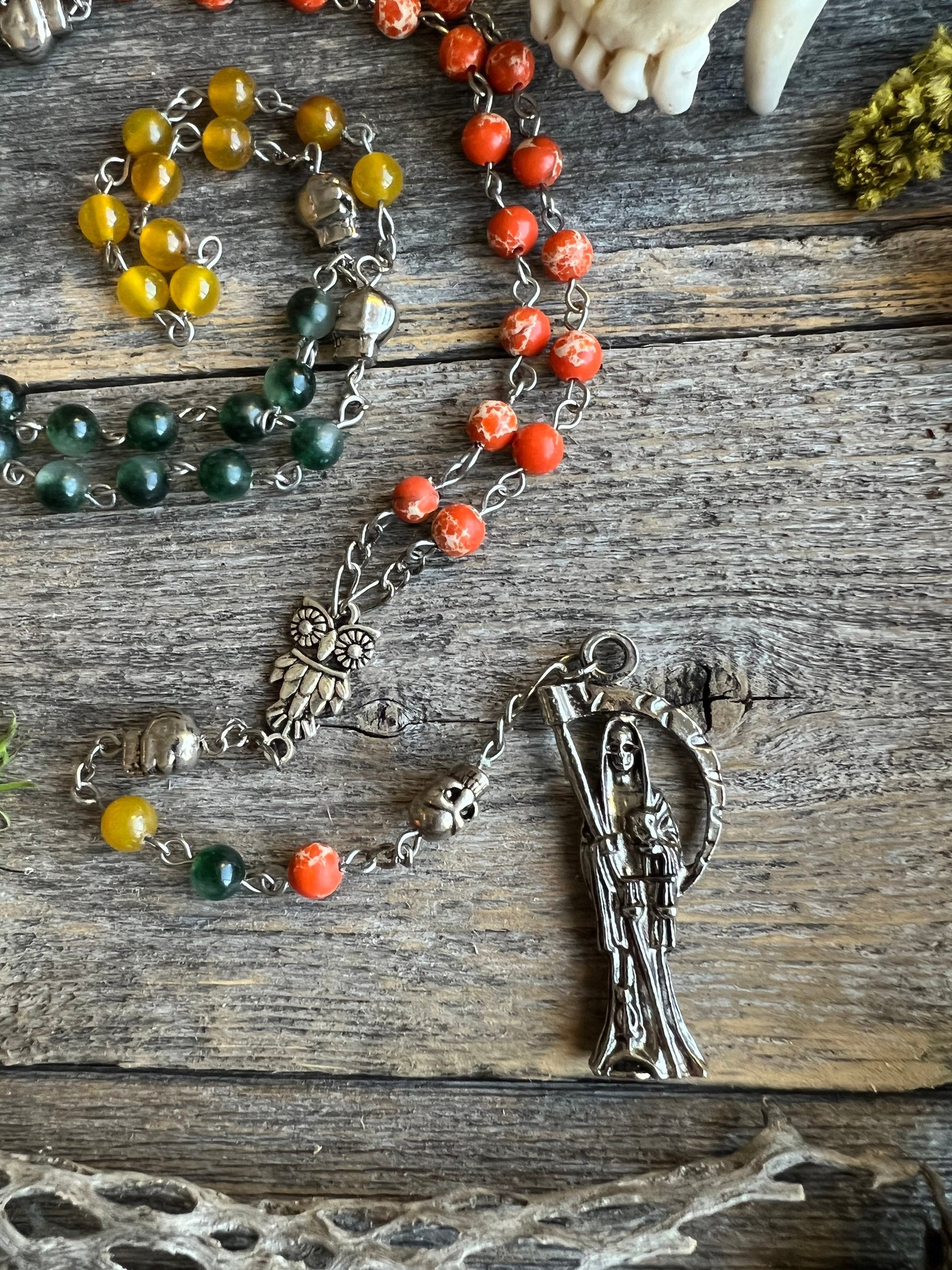 Santa Muerte Abre Camino Rosary + Road Opener + Orange Agate + Blessed + Sterling Silver Plated Chain + Rosario + Gemstone