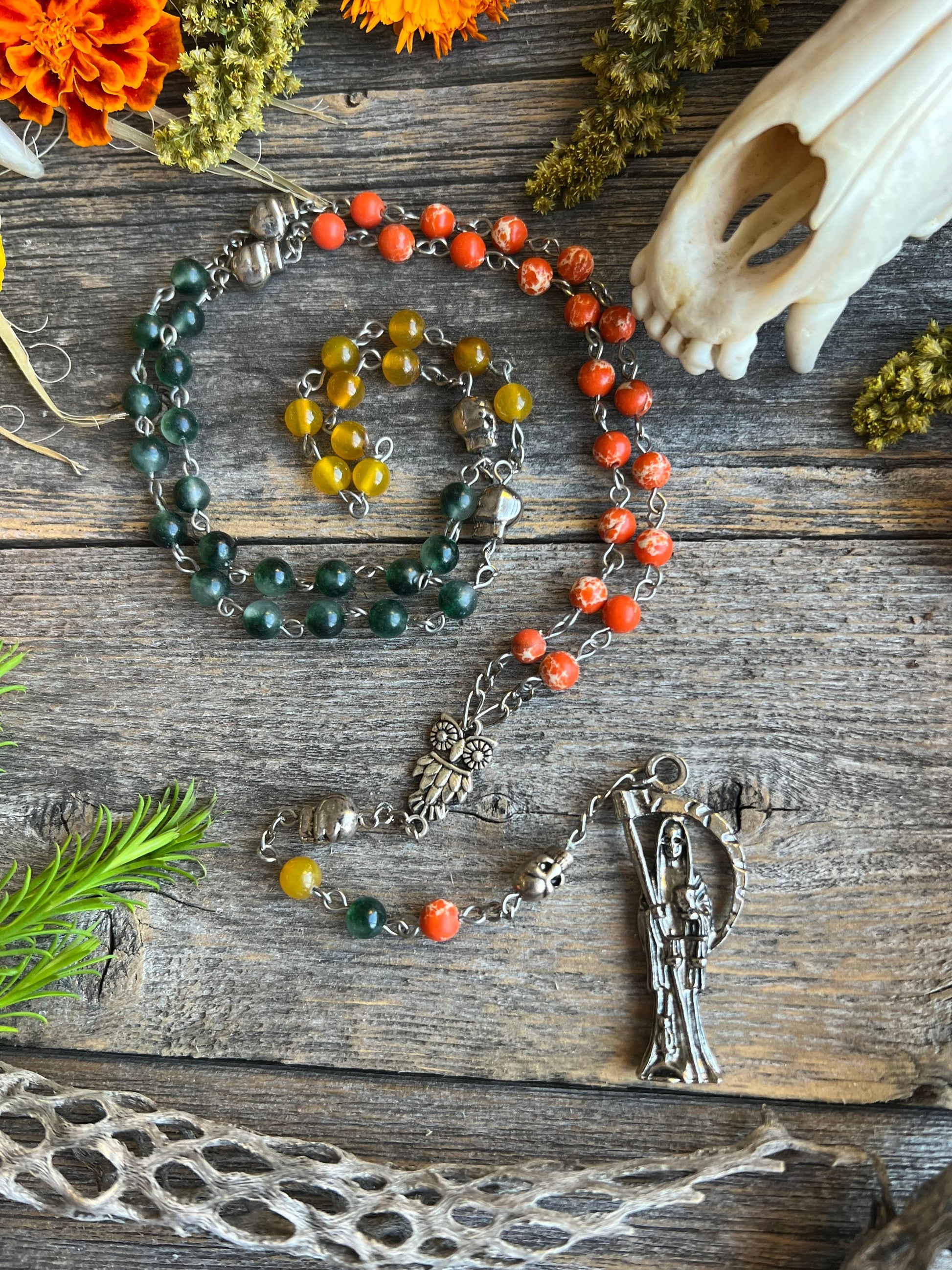 Santa Muerte Abre Camino Rosary + Road Opener + Orange Agate + Blessed + Sterling Silver Plated Chain + Rosario + Gemstone