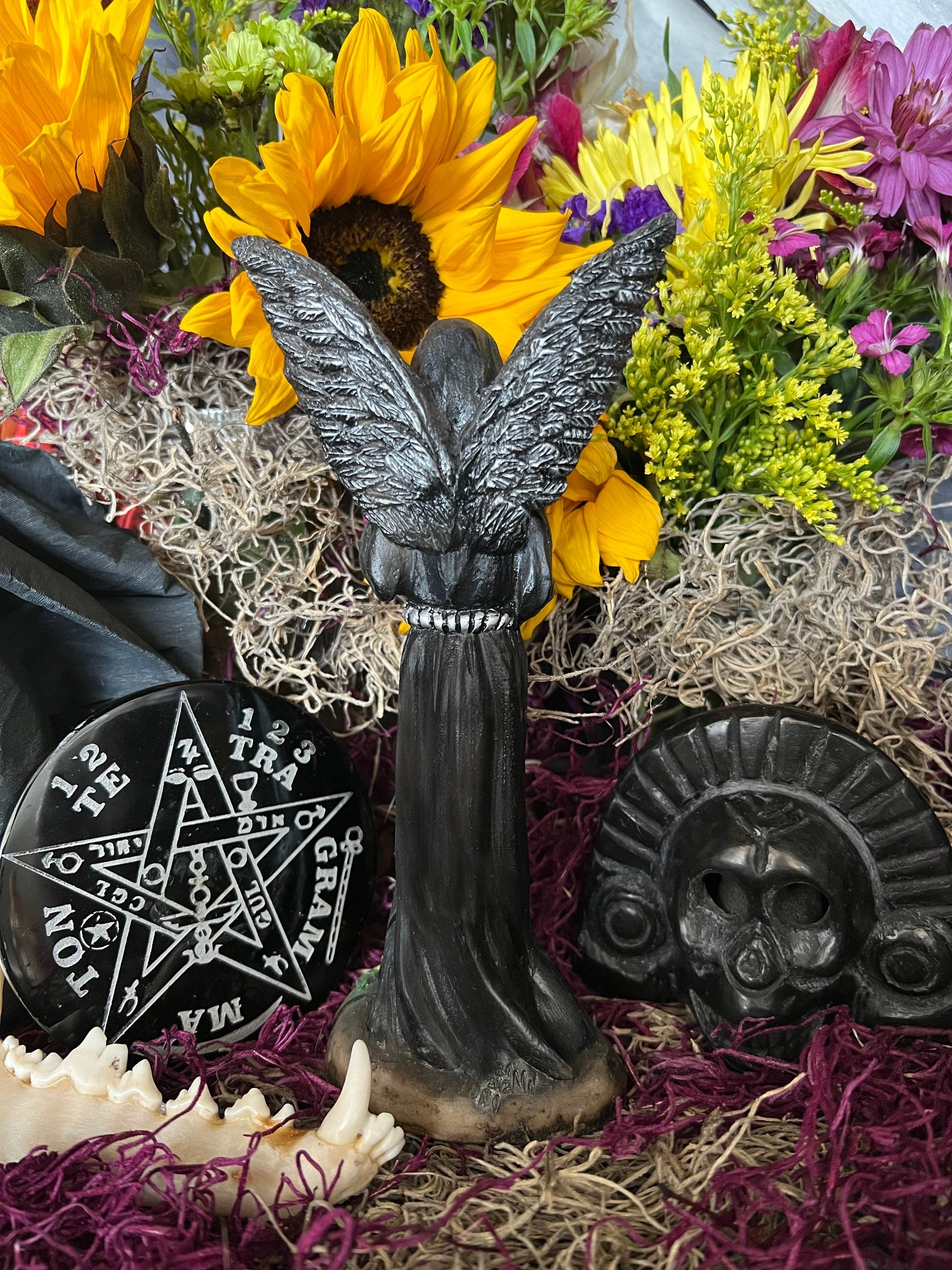Santa Muerte Negra with Silver Wings Statue + Baptized + Fixed + Made in Mexico