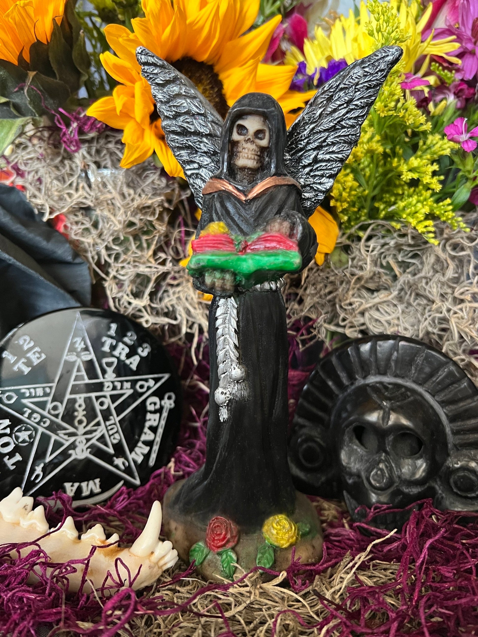 Santa Muerte Negra with Silver Wings Statue + Baptized + Fixed + Made in Mexico