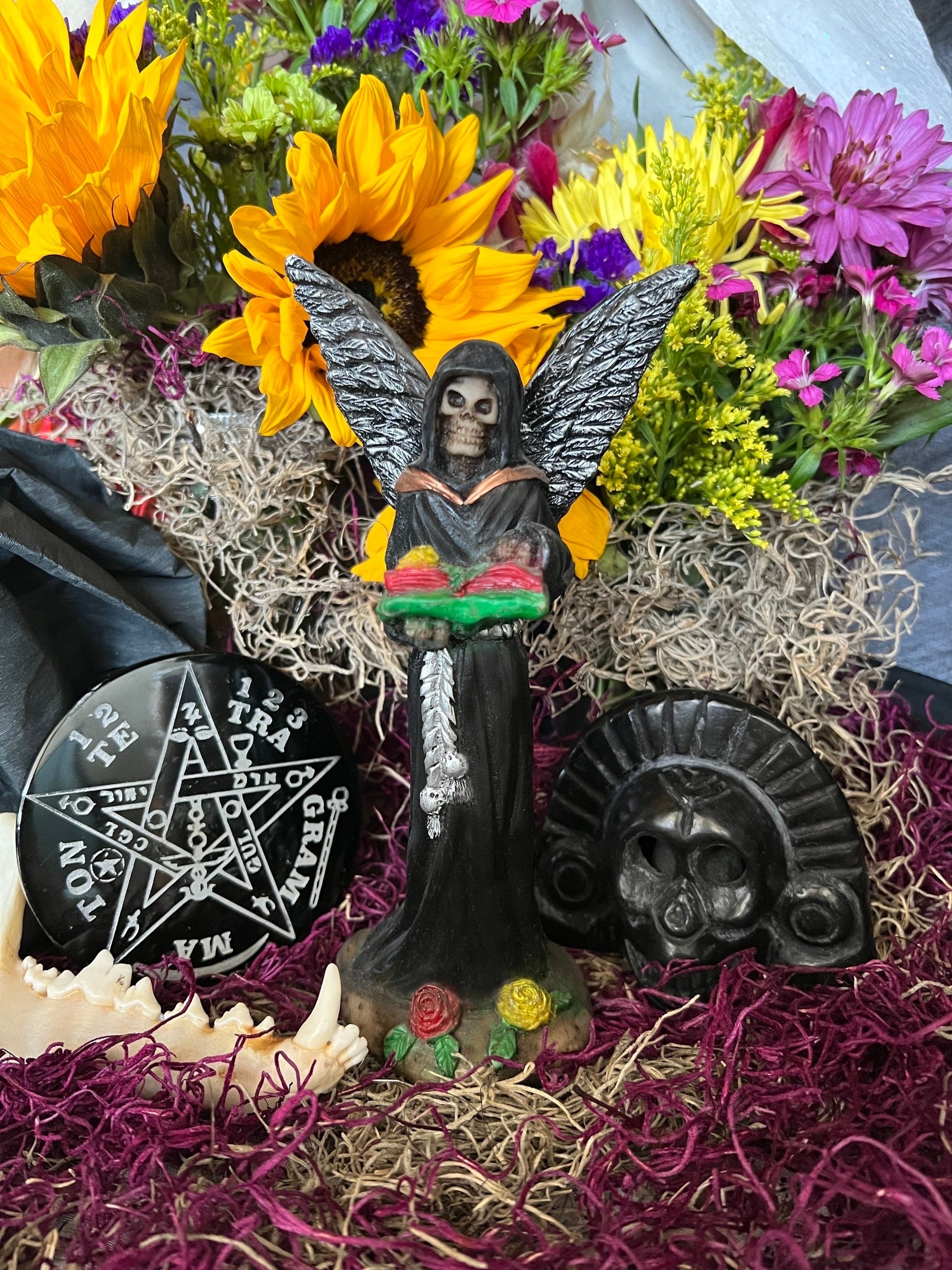 Santa Muerte Negra with Silver Wings Statue + Baptized + Fixed + Made in Mexico