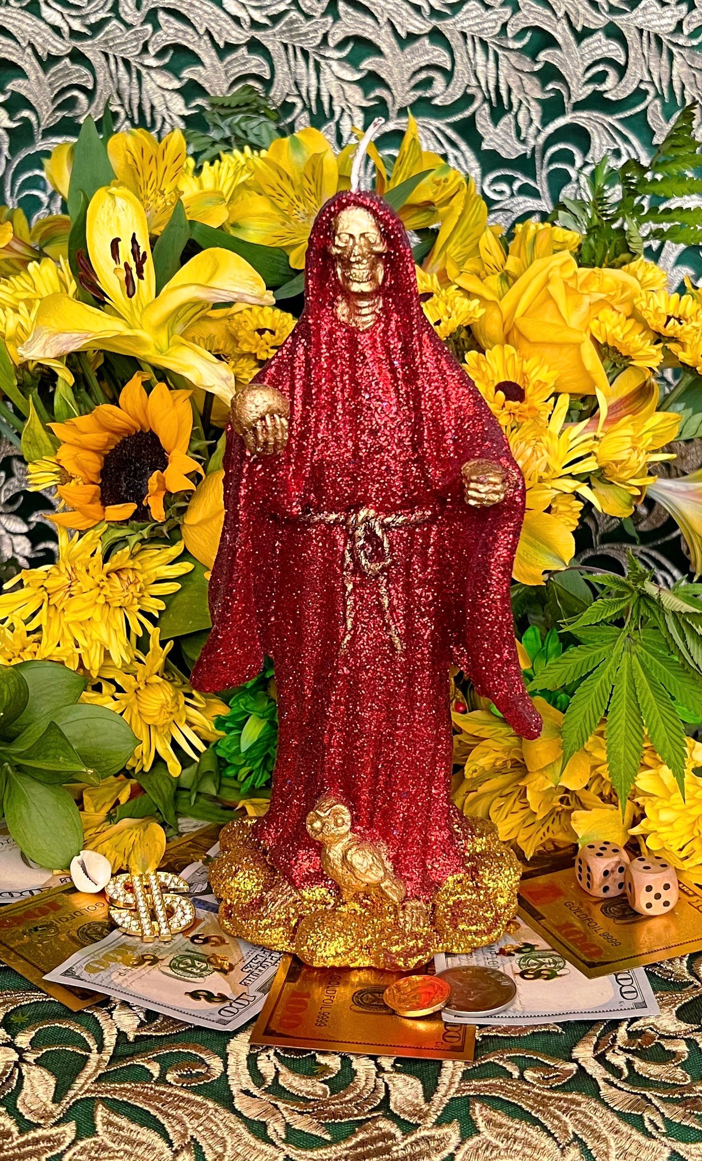 Santa Muerte Roja Figure Candle + Love + Passion + Domination + Money + 24K Gold + Baptized + Blessed + Fixed