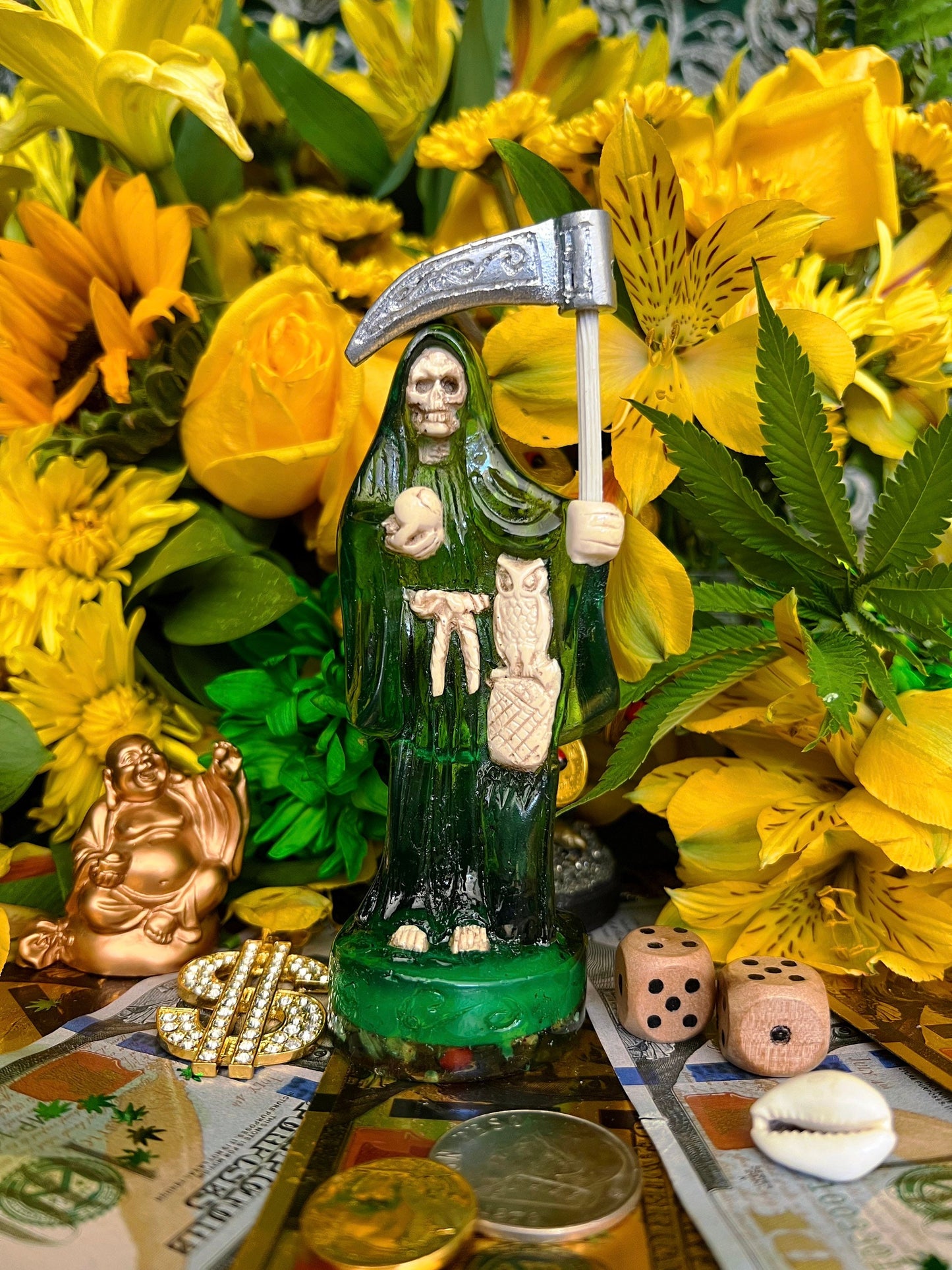 Santa Muerte Verde Statue + Green + Money + Legal Issues + Justice + Baptized + Transparent + Fixed + Made in Mexico
