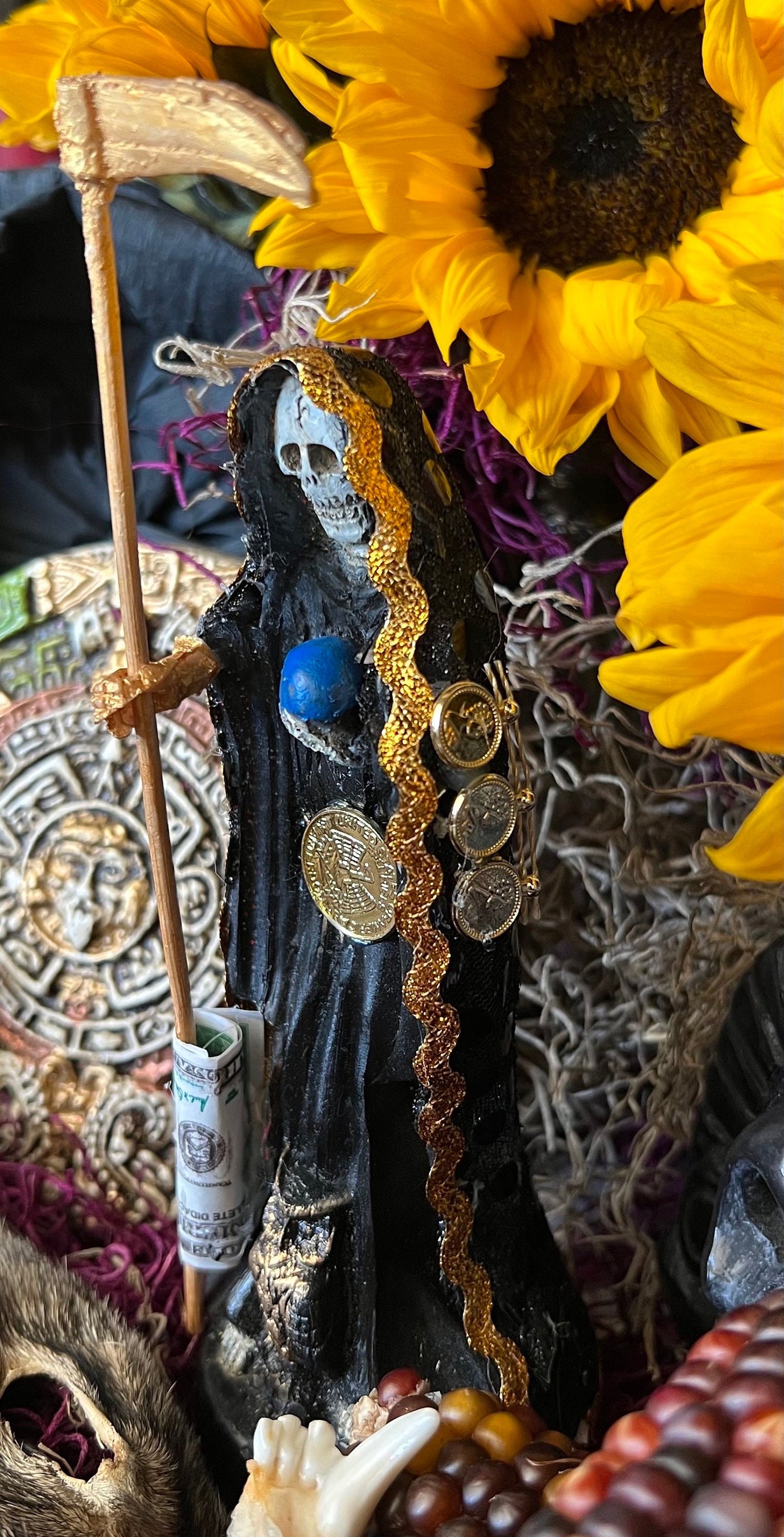 Deluxe Santa Muerte Negra / Black Statue + 24K Gold + Baptized + Fixed + Made in Mexico