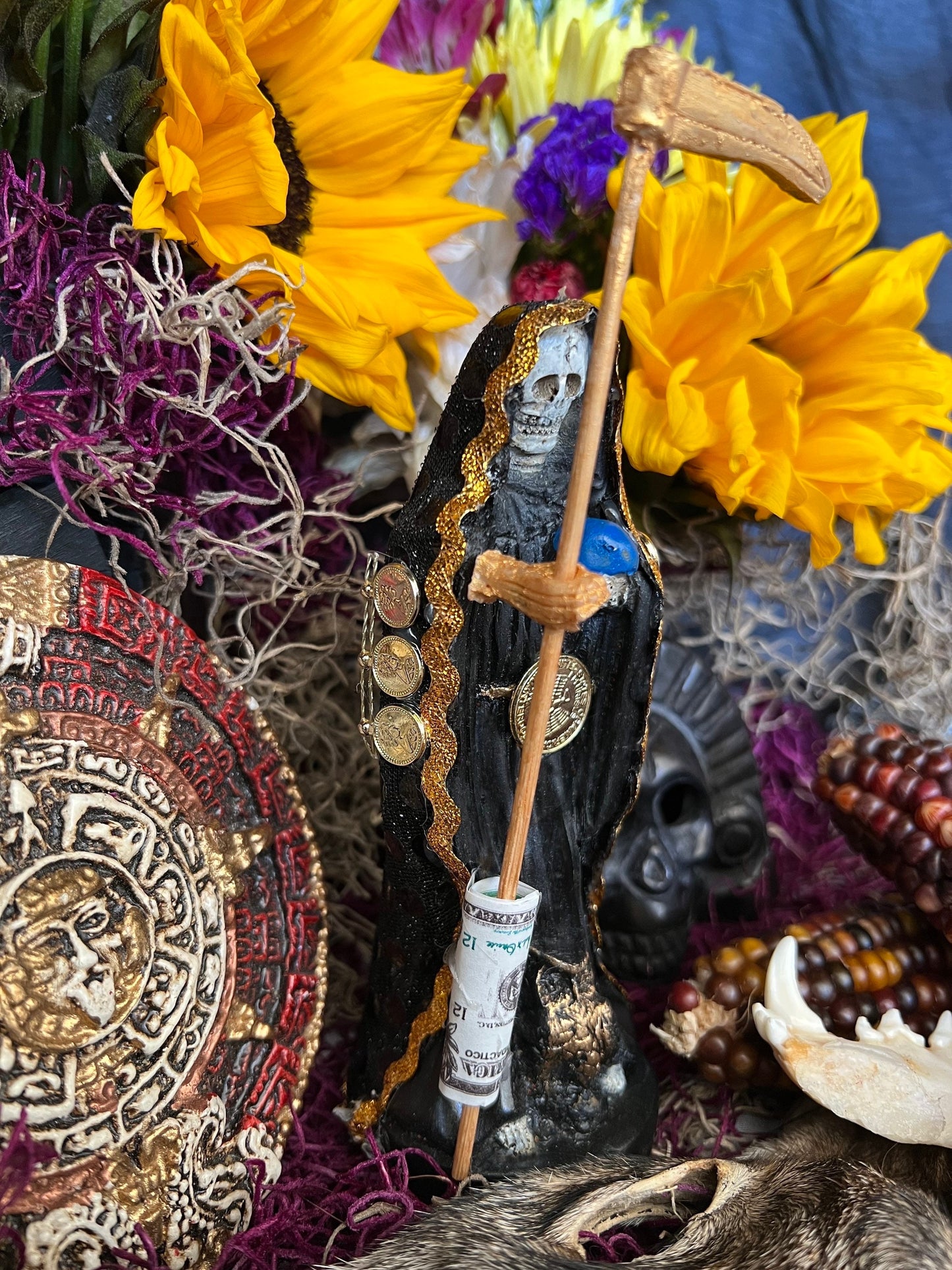 Deluxe Santa Muerte Negra / Black Statue + 24K Gold + Baptized + Fixed + Made in Mexico