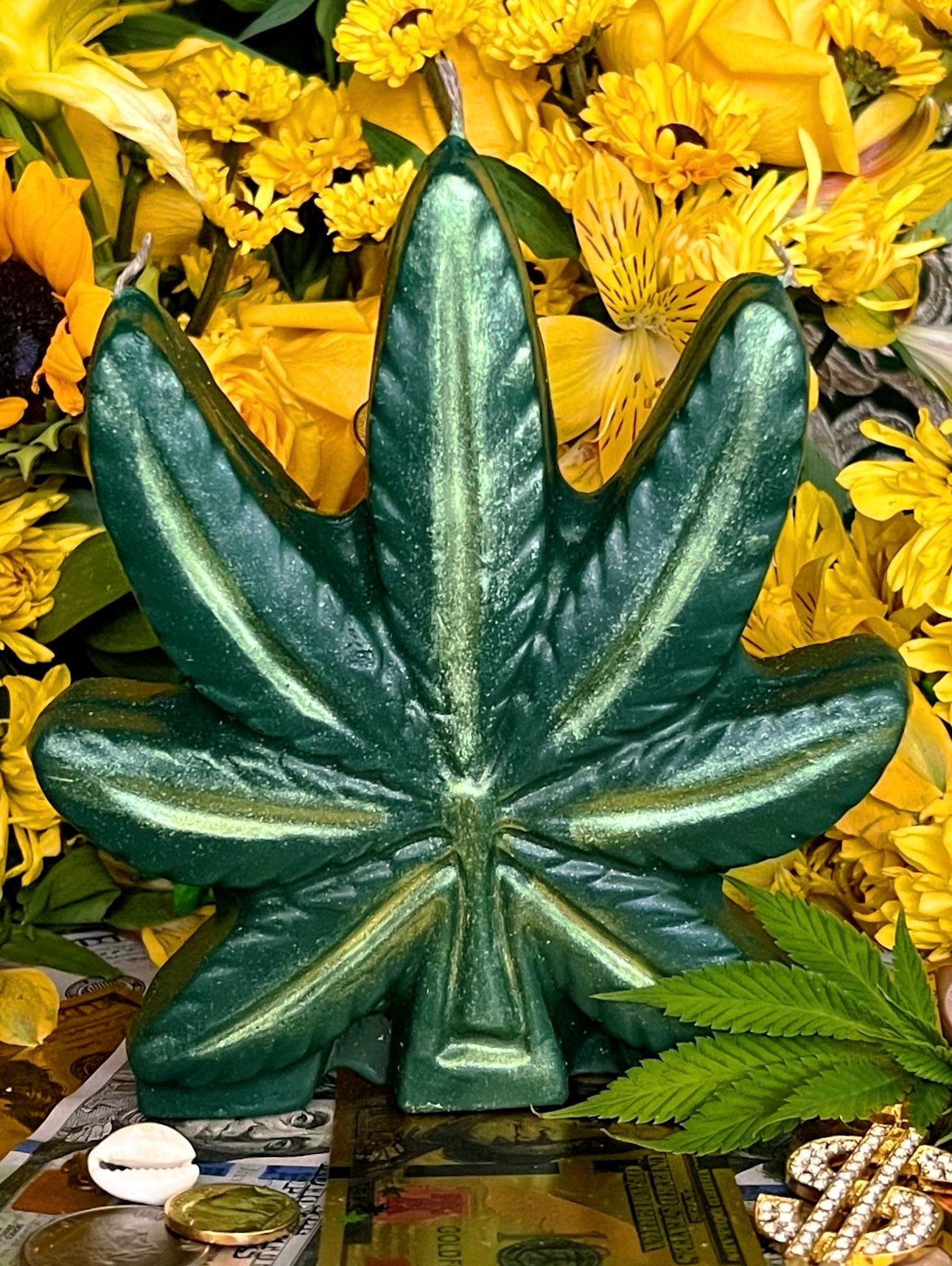 Marijuana Leaf Figure Candle + Santa Muerte Offering