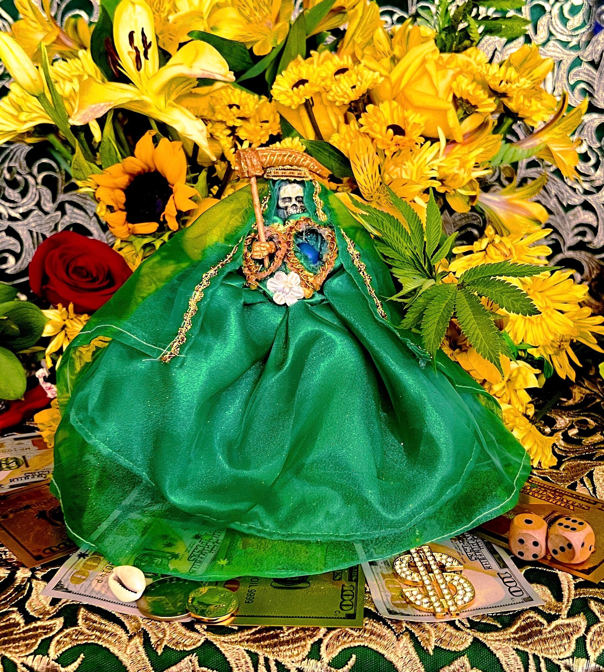 Santa Muerte Verde Statue with Dress + Green + Money + Legal Issues + Justice + Baptized + Fixed + Made in Mexico + 24K Gold Leaf on Scythe