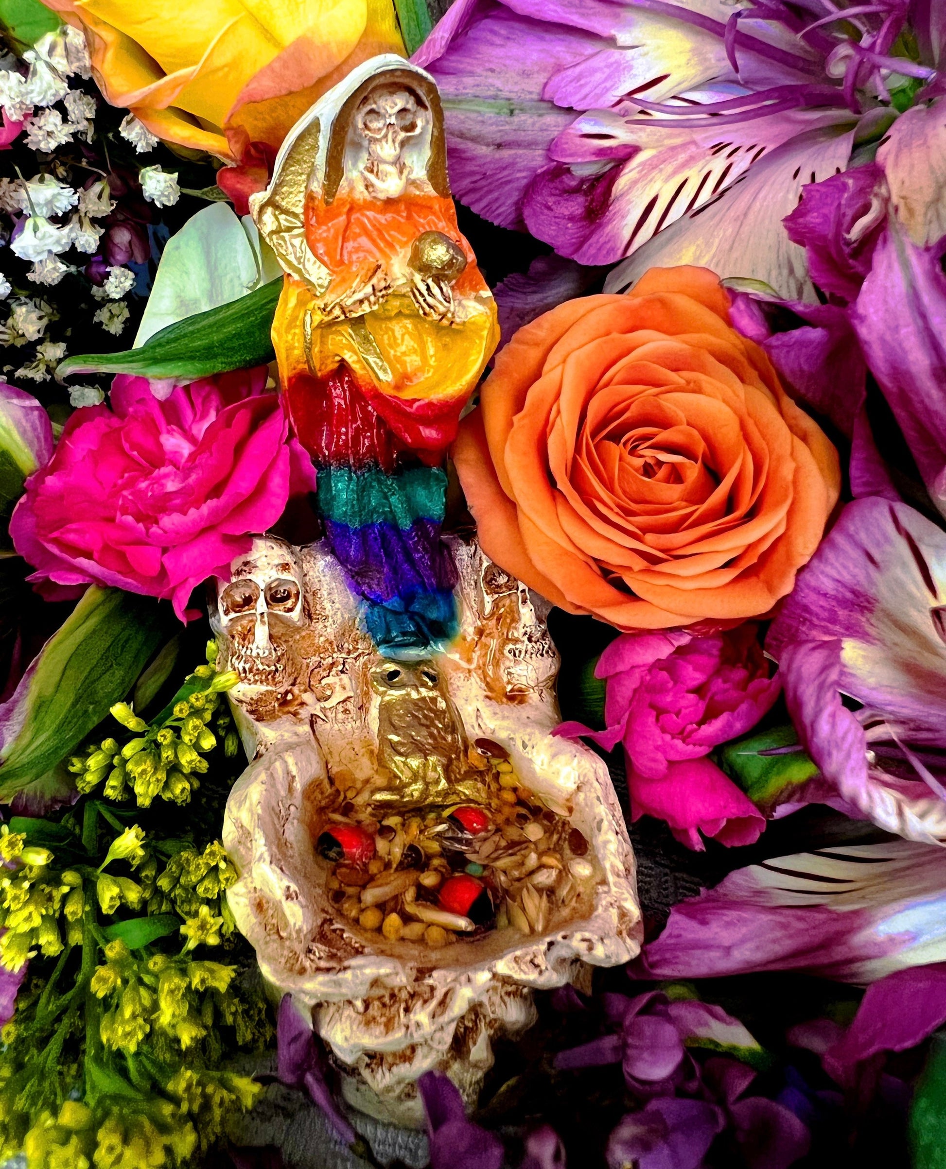 Santa Muerte Siete Colores Statuette in Hands + Baptized + Blessed + Fixed + Made in Mexico