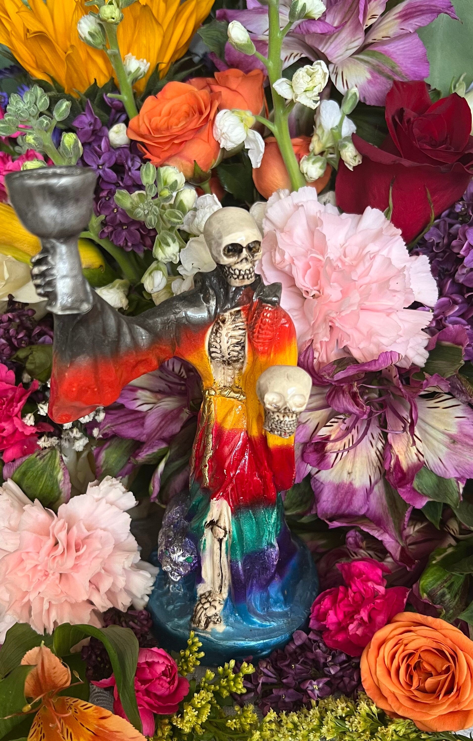 Last One! Santa Muerte Siete Colores Chalice & Cat Statue + Sterling Silver + Baptized + Fixed + Made in Mexico + Gato Negro