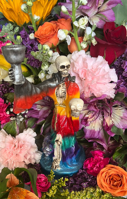 Last One! Santa Muerte Siete Colores Chalice & Cat Statue + Sterling Silver + Baptized + Fixed + Made in Mexico + Gato Negro