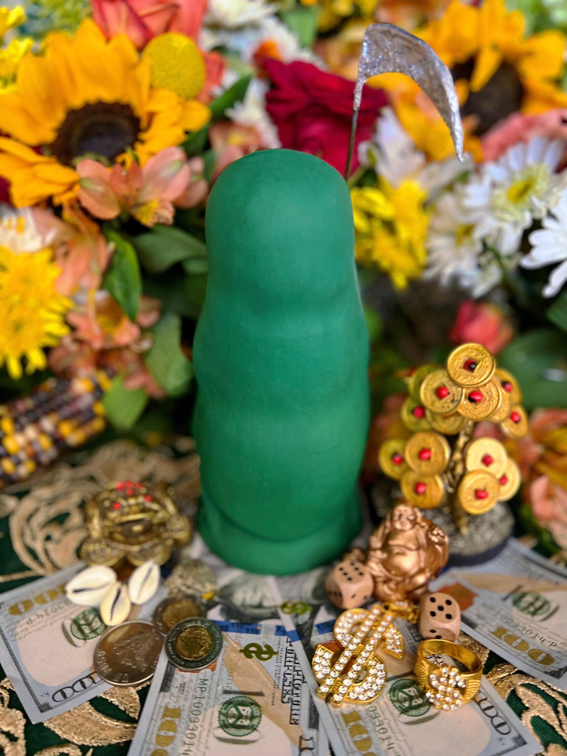 Santa Muerte Verde Statue + Green + Mictecacihuatl + Mictlantecihuatl + Traditionally Crafted from Mexican Clay + 1 of Kind + Made in Mexico