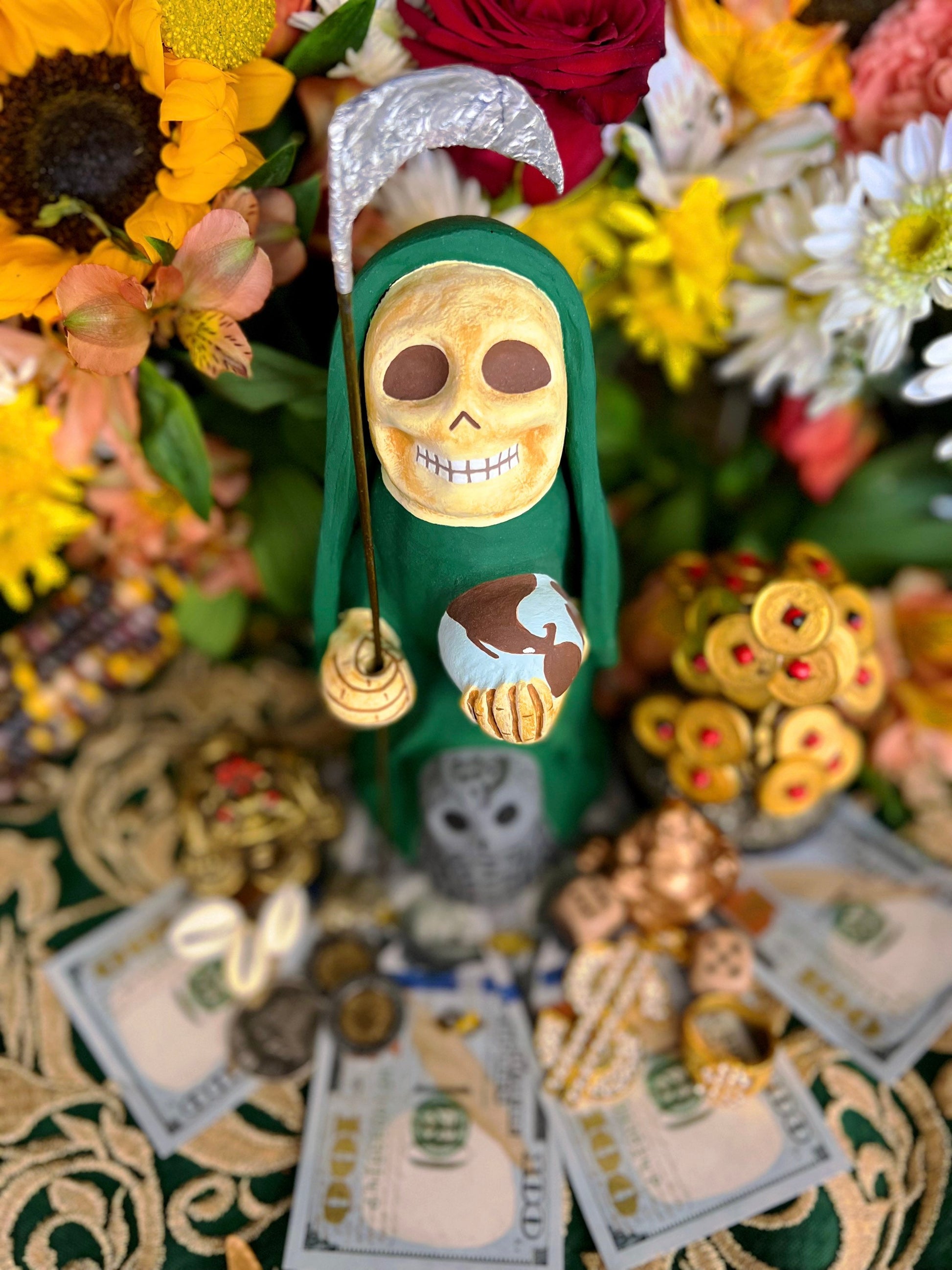 Santa Muerte Verde Statue + Green + Mictecacihuatl + Mictlantecihuatl + Traditionally Crafted from Mexican Clay + 1 of Kind + Made in Mexico