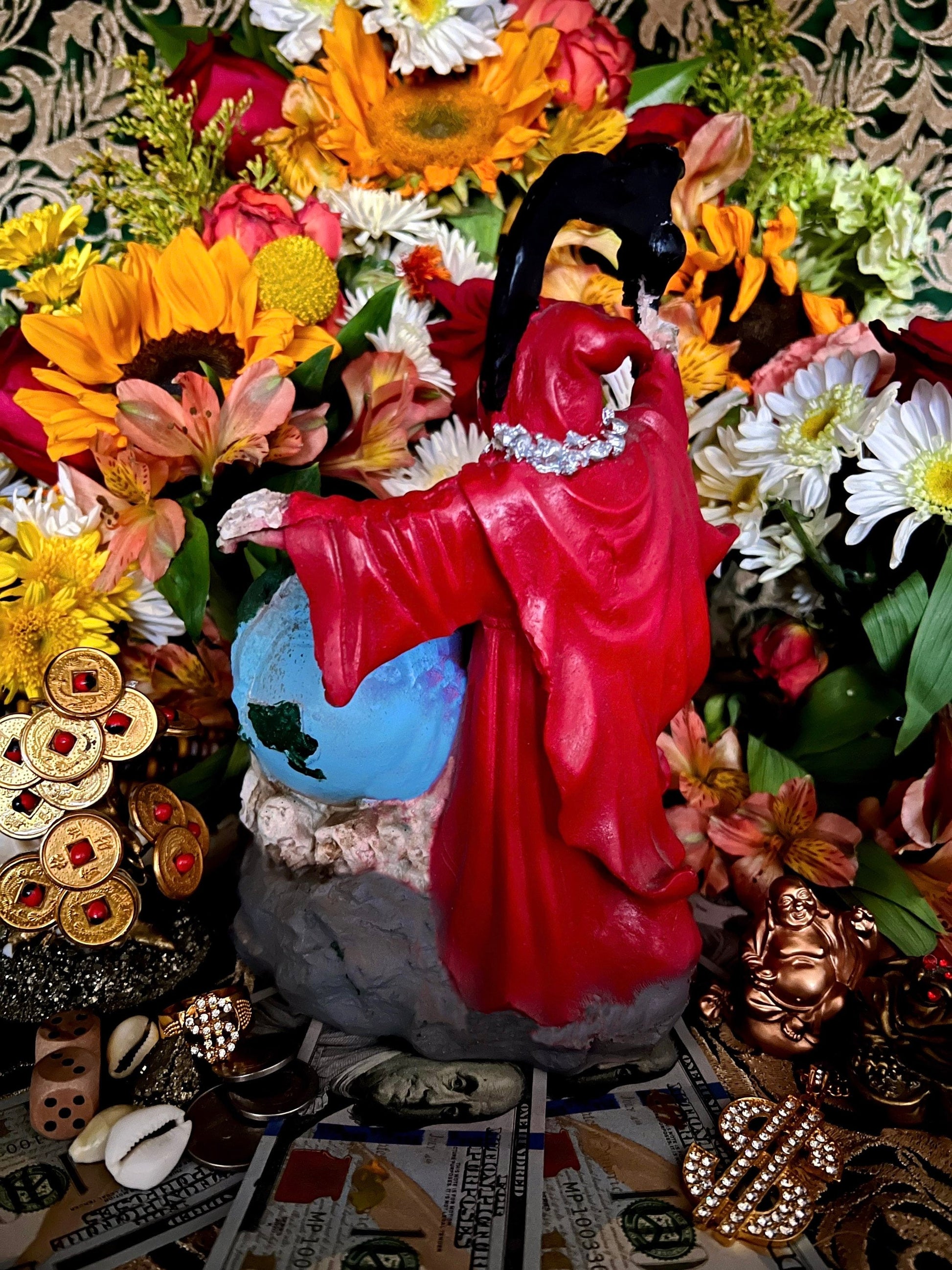 Santa Muerte Roja Statue 9” + Baptized + Vencedora + Fixed + Made in Mexico